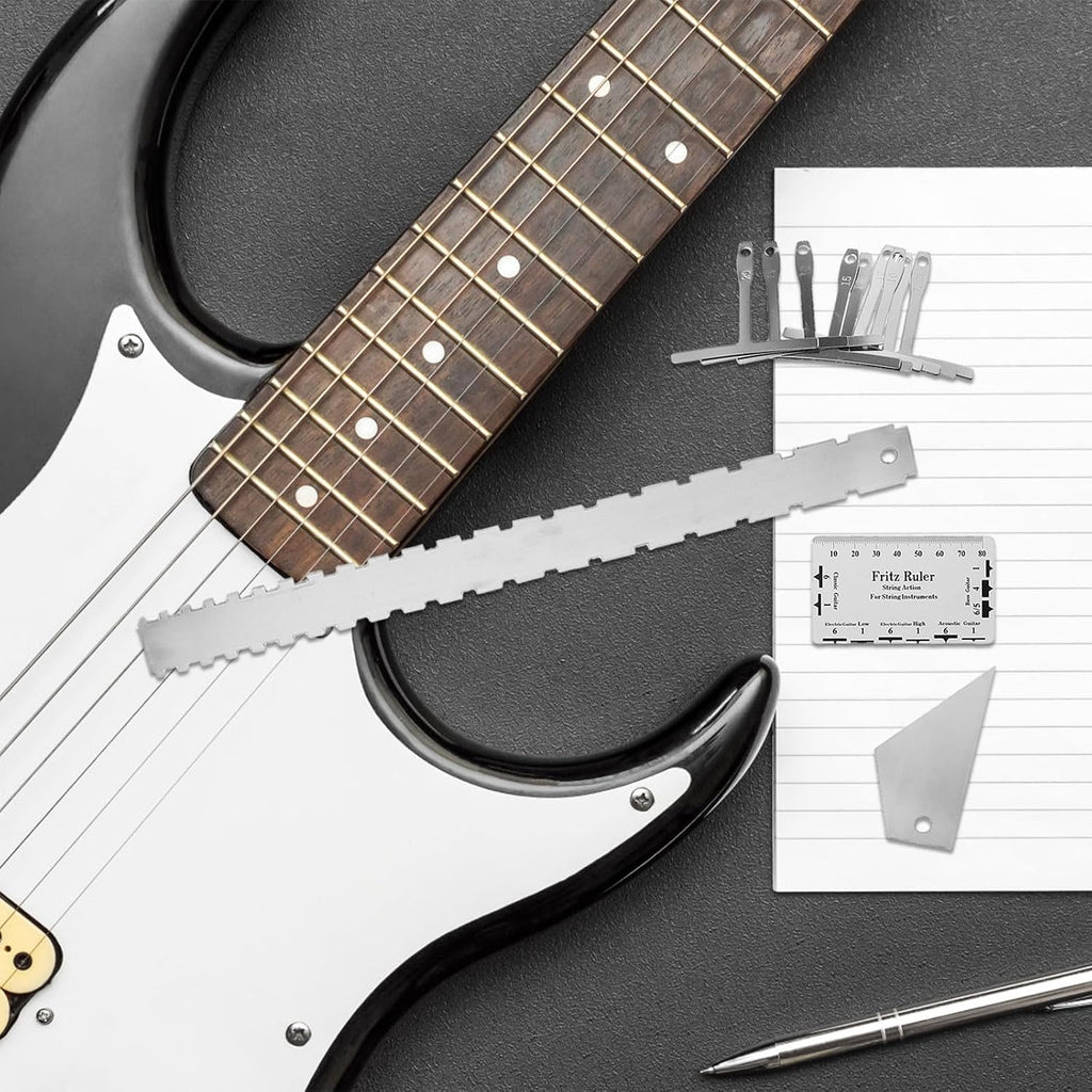 Luthier Guitar Tools Kit Stainless Steel String Action Ruler Fret Rocker Gauge String Height Gauge for Electric Guitar Setup and Maintenance