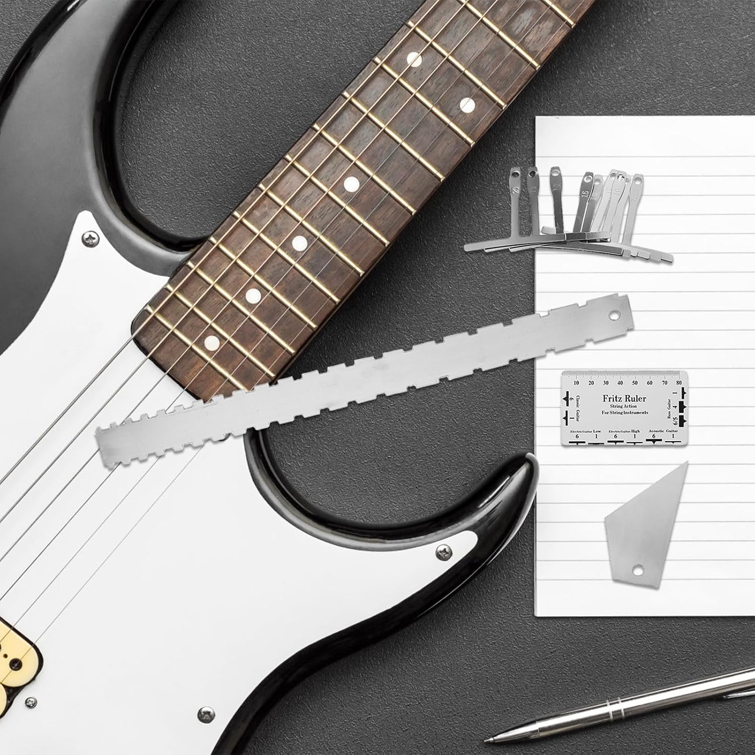 Luthier Guitar Tools Kit Stainless Steel String Action Ruler Fret Rocker Gauge String Height Gauge for Electric Guitar Setup and Maintenance