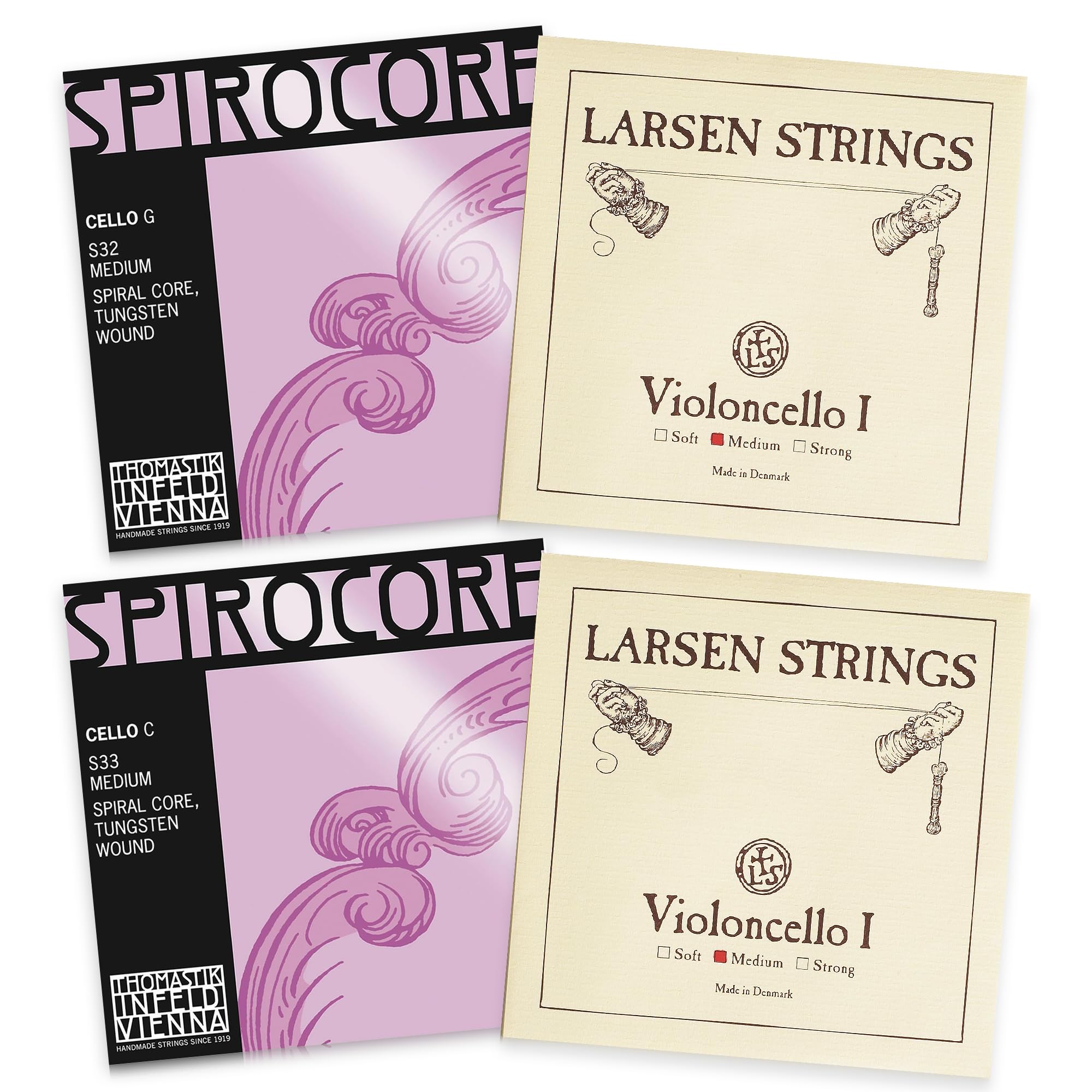 Thomastik-Infeld Spirocore Tungsten and Larsen Cello Set - Cello Strings 4/4 Full Set - Larsen A and D - Spirocore Tungsten Wound G and Single C String - Made in Vienna - Solo