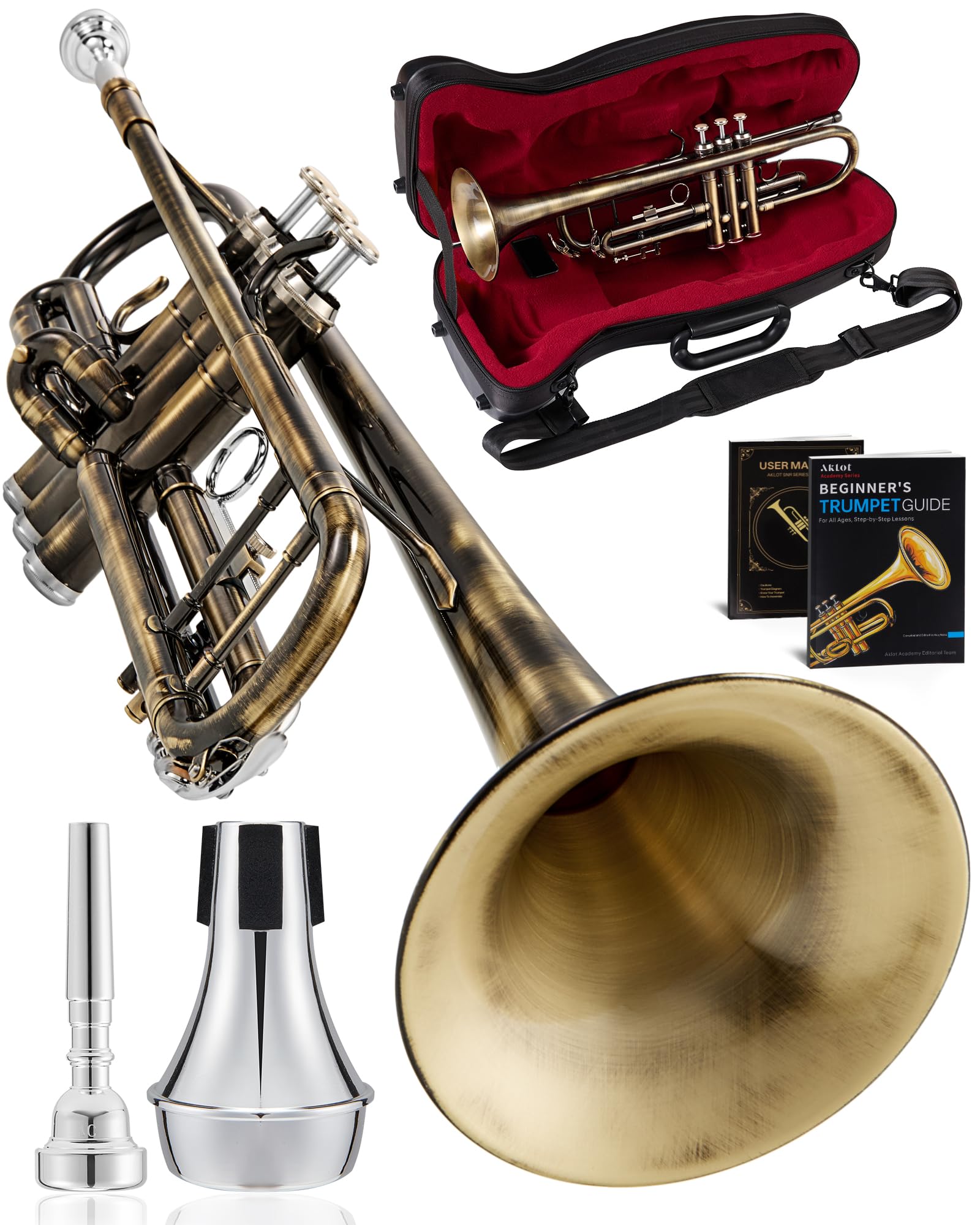 AKLOT Hand-Hammered Bell Bb Trumpet: Smooth Valve Action, Clear-Lacquered Brass Body, Standard Trumpet Beginner Set with Leather Case, Lesson Book, Trumpet Mute, Mouthpiece, Cleaning Kit (SNR-BrzSF)