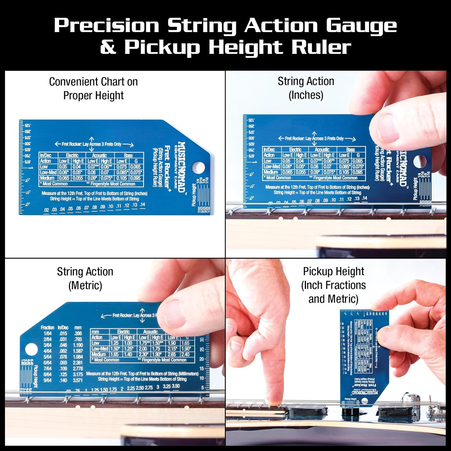 MusicNomad Precision Fret Rocker+ with String Action Gauge and Pickup Height Ruler (MN822)
