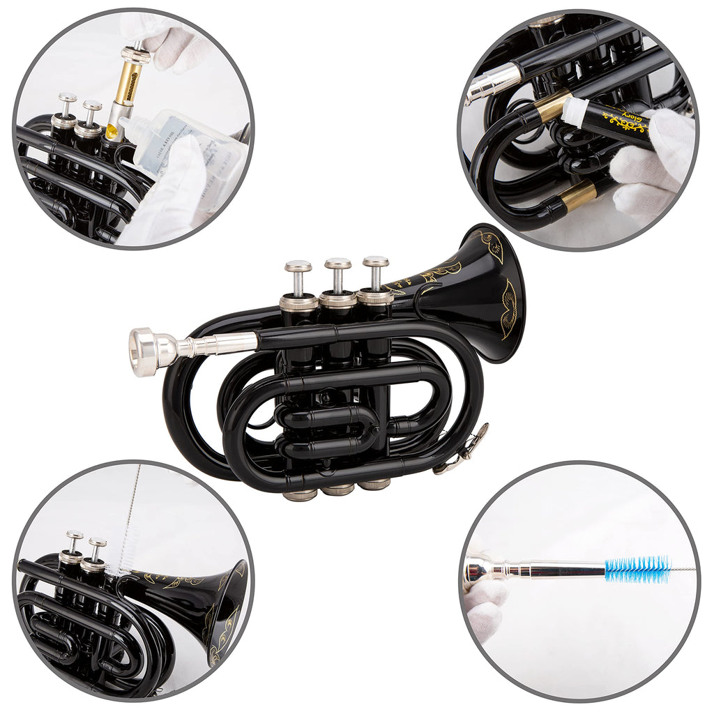 Glory Bb Pocket Trumpet with Case,Cleaning Cloth, Gloves, Black
