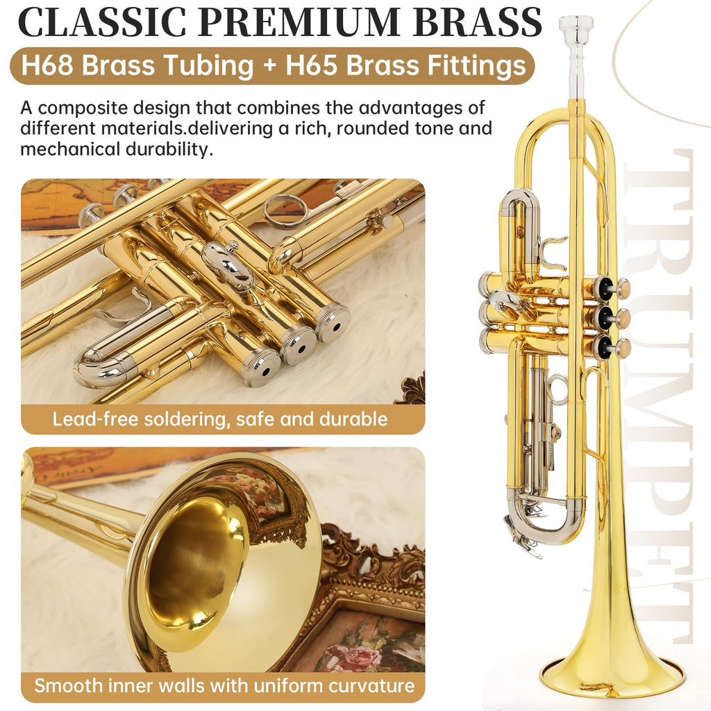 Kmise Bb Standard Trumpet, Premium Brass Trumpets for Student Beginner, Trumpet Instrument Set with Upgraded Case, 7C Mouthpiece, Mute, Beginner's Guide Kit, Cleaning Kit (Gold)