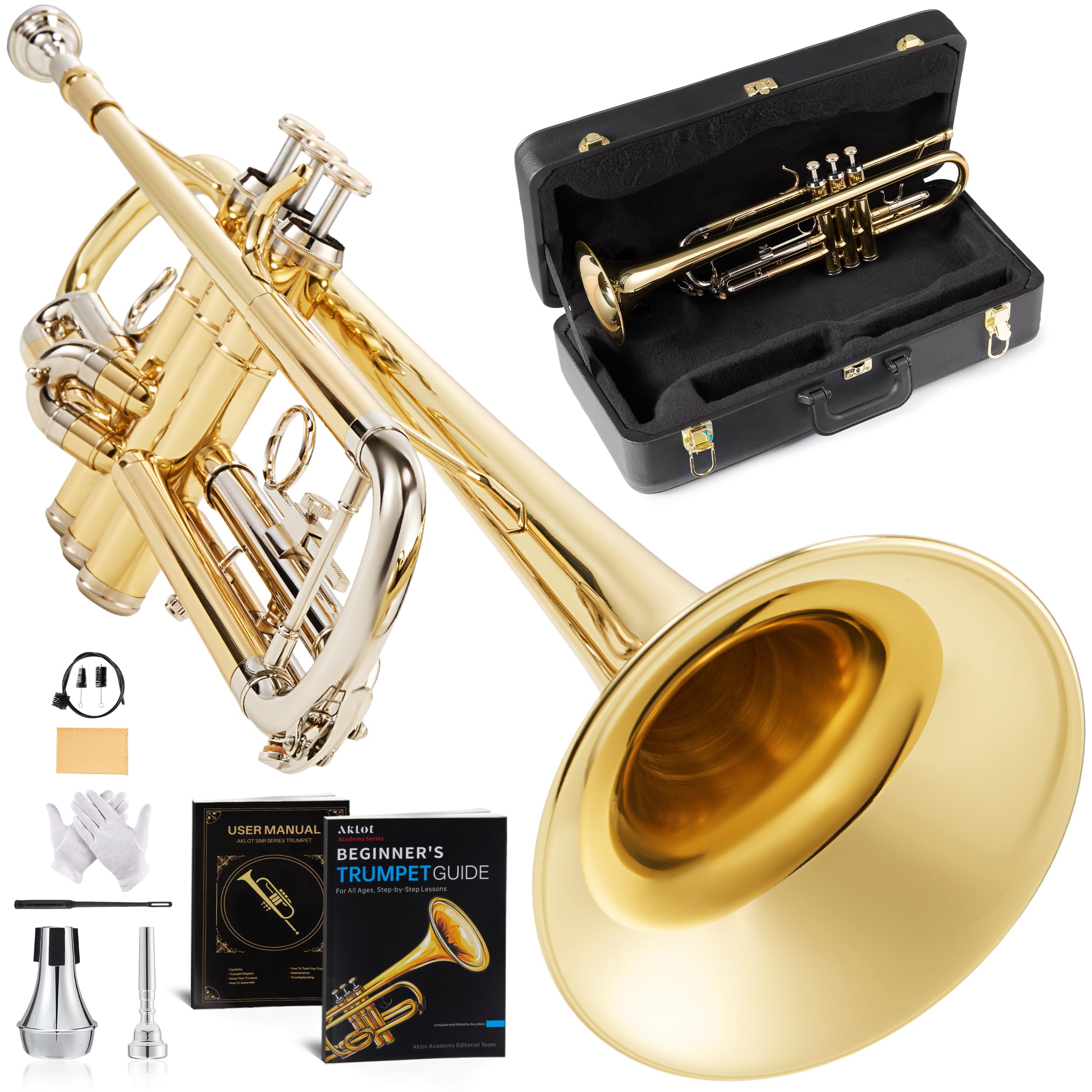 AKLOT Hand-Hammered Bell Bb Trumpet: Smooth Valve Action, Clear-Lacquered Brass Body, Standard Trumpet Beginner Set with Leather Case, Lesson Book, Trumpet Mute, Mouthpiece, Cleaning Kit (SNR-BrzED)