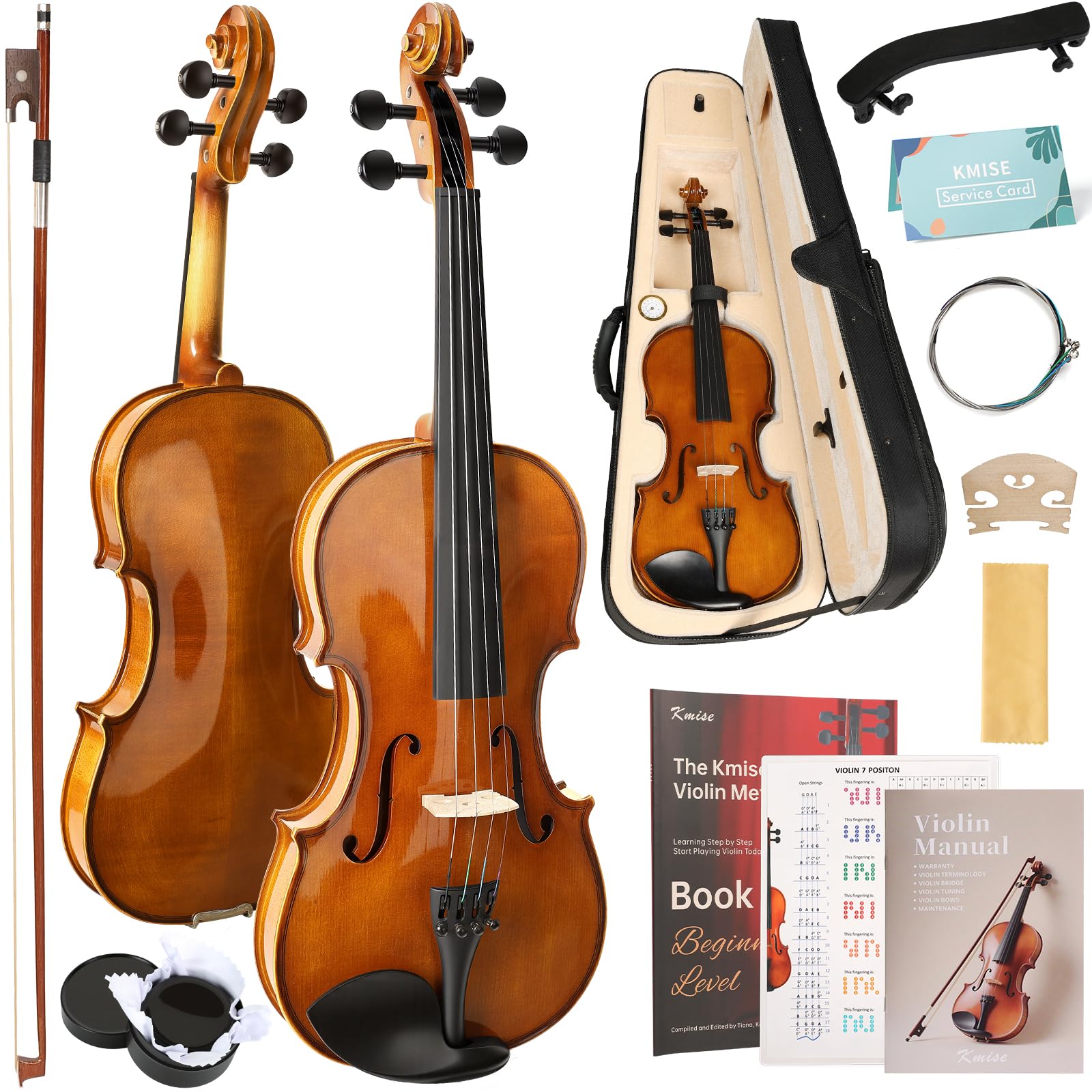 Kmise Violin 4/4 Full Set, Fingerboard Fret Markings Violins, Matte Acoustic Fiddle for Adults, Beginners, Students with Violin Case, Rosin, Strings, Bow, Shoulder Rest, Beginner's Guide (Matte, 4/4)