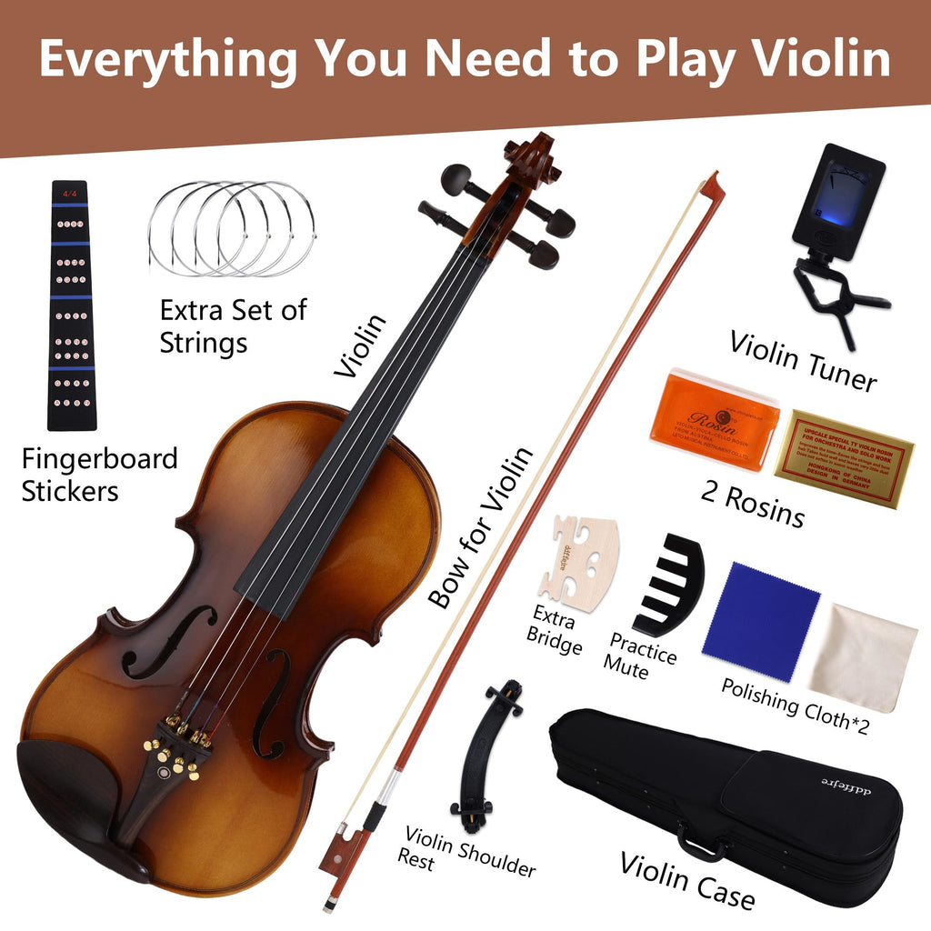 Violin 4/4 Full Size,Beginner Violin For Kids,Students,Adults,Fiddle Set with Hard Case,Bow,Rosin,Shoulder Rest,Tuner,Extra Strings,Bridge,Fingerboard Stickers