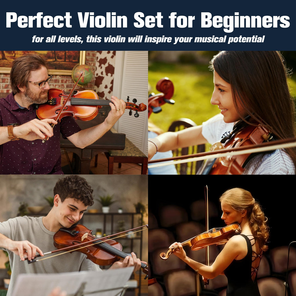 Mendini By Cecilio Violin 4/4 Full Size For Beginners - Fiddle Solidwood Kit with Hard Case - Acoustic Violins with Bow, Rosin, Tuner, Extra Strings & Bridge, Shoulder Rest and Lesson Book (Varnish)
