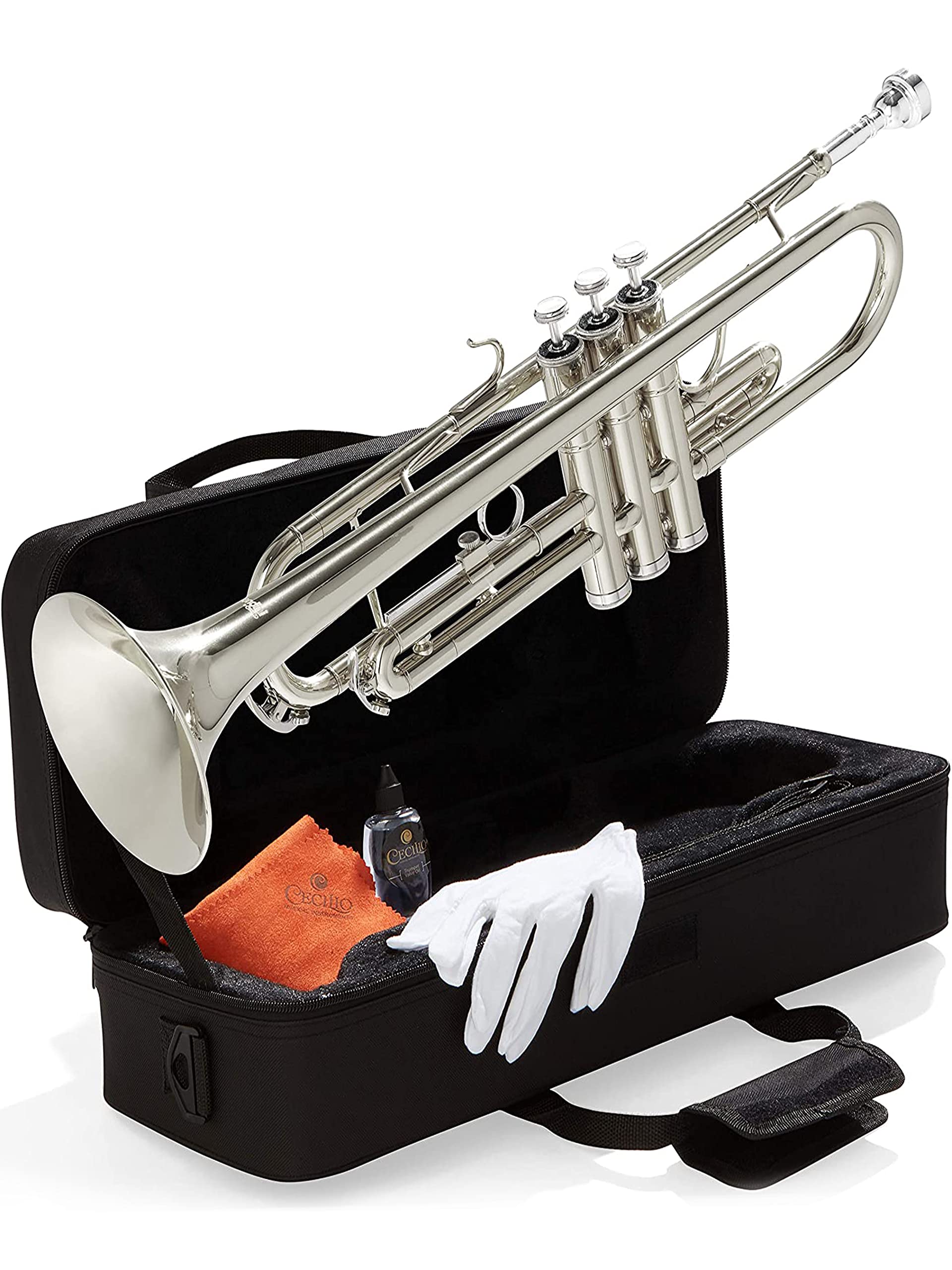 Mendini By Cecilio Bb Standard Trumpet Set for Beginners - Brass Trumpet Instrument with Hard Case, 7C Mouthpiece, Valve Oil, Cleaning Cloth, Maintenance kit and Gloves (Gold)