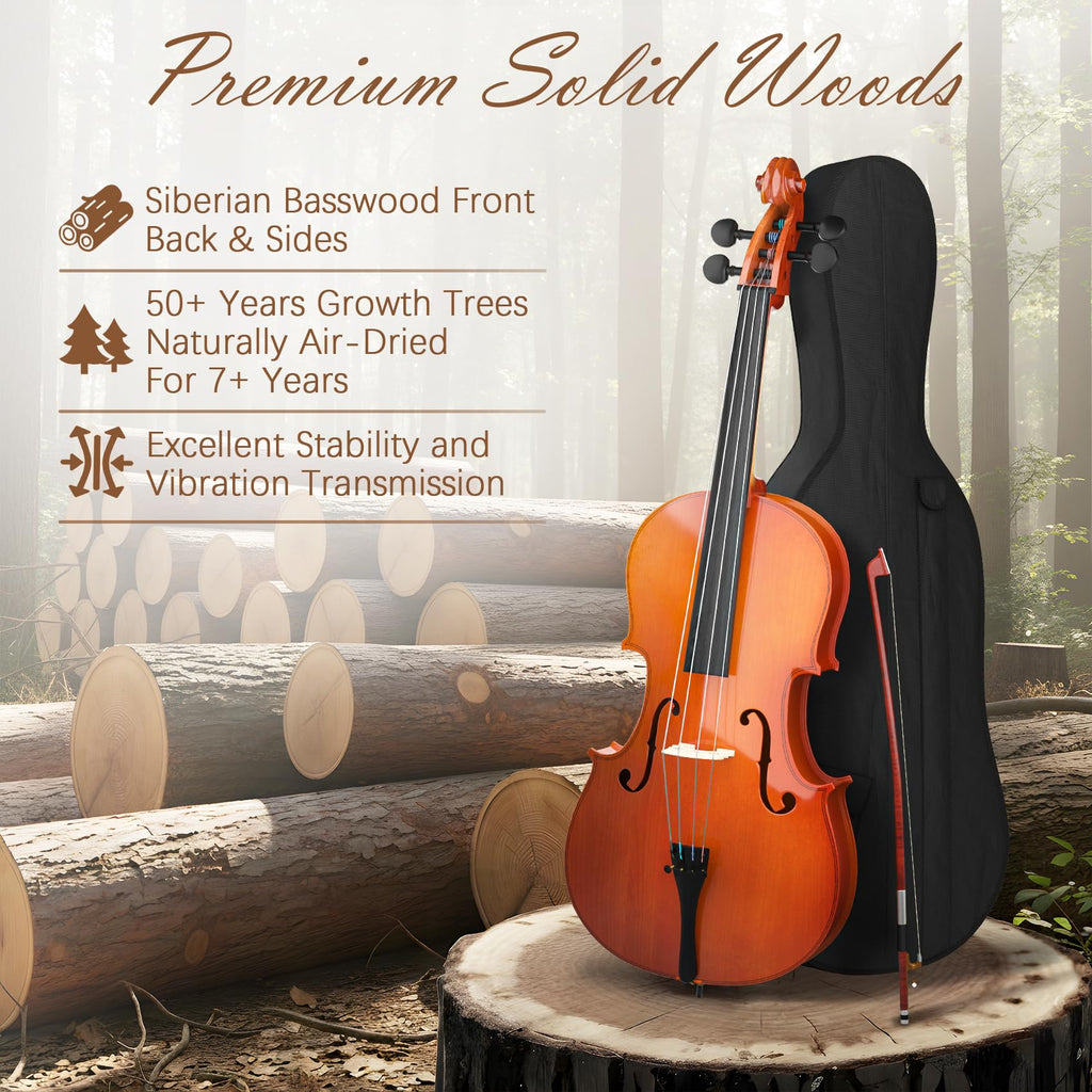 Cello 4/4 Kit, Full Size Cello for Adults, Students, Beginners, Complete Acoustic Cello Instrument Set with Portable Bag, Bow, Rosin, Black