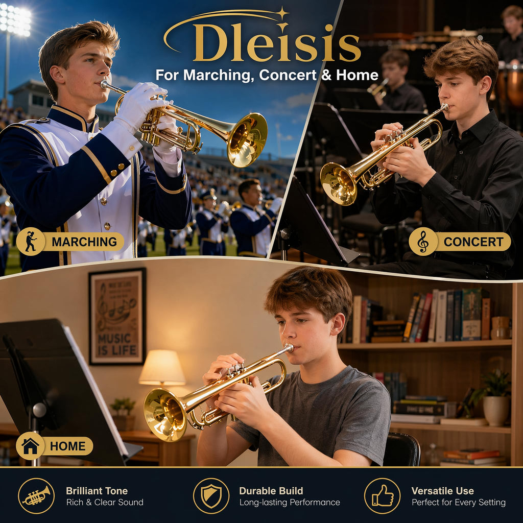 Bb Trumpet for Beginner/Advanced Student, Brass Instrument with 7C Mouthpiece, Hard Case, Polishing Cloth, Gloves, Cleaning Kit (2 Short + 1 Long Brush), Golden for Kids & Adults
