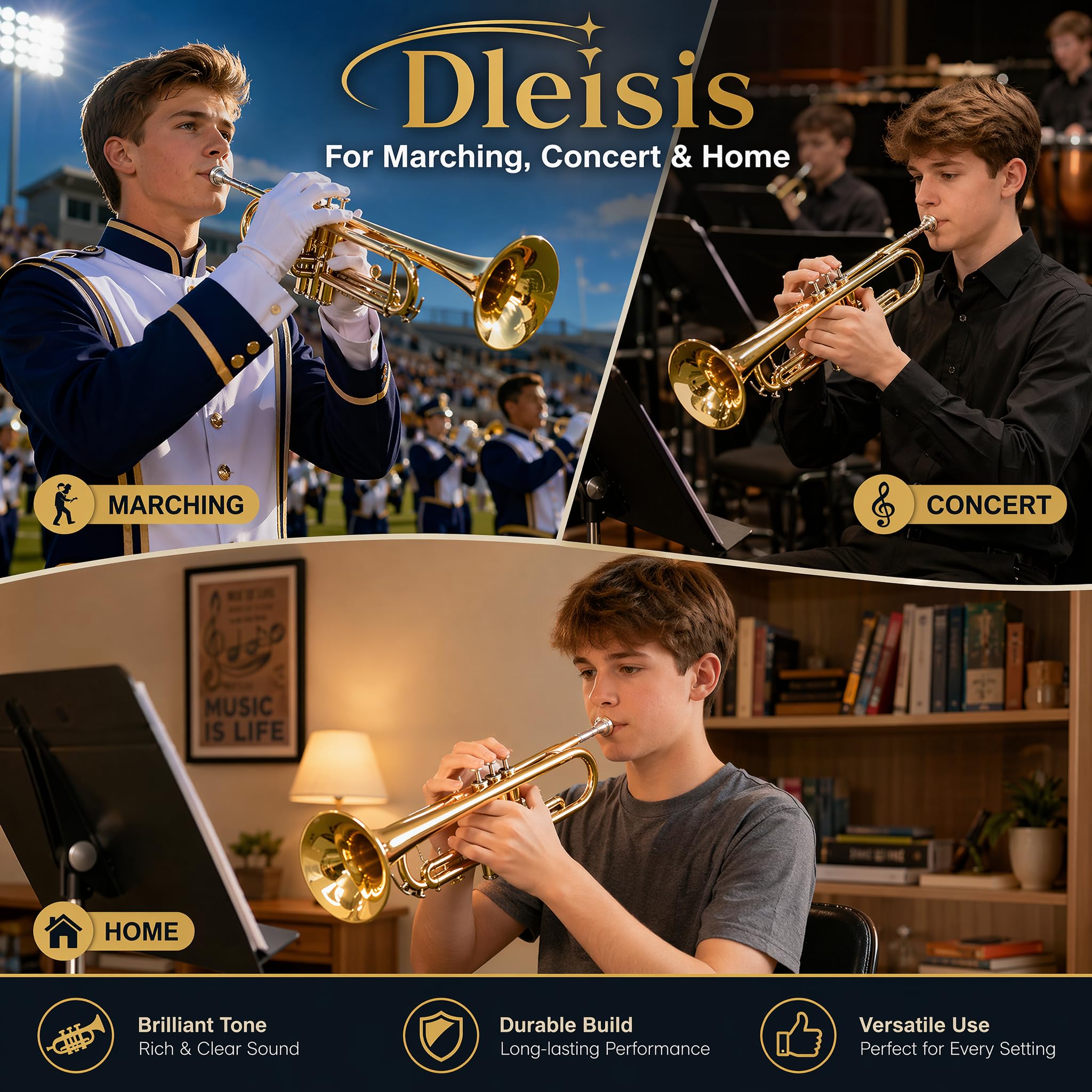 Bb Trumpet for Beginner/Advanced Student, Brass Instrument with 7C Mouthpiece, Hard Case, Polishing Cloth, Gloves, Cleaning Kit (2 Short + 1 Long Brush), Golden for Kids & Adults