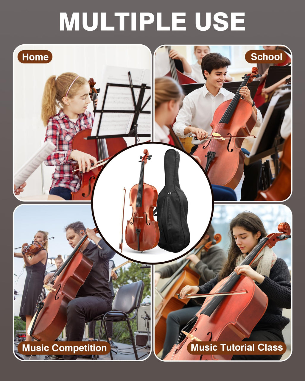 PYY Cello 4/4 Full Size - Solid Wood Acoustic Cello Package with Stand, Case, Bow, Rosin, Tuner & Extra Strings, Perfect for Students & Adult Beginners（Red）