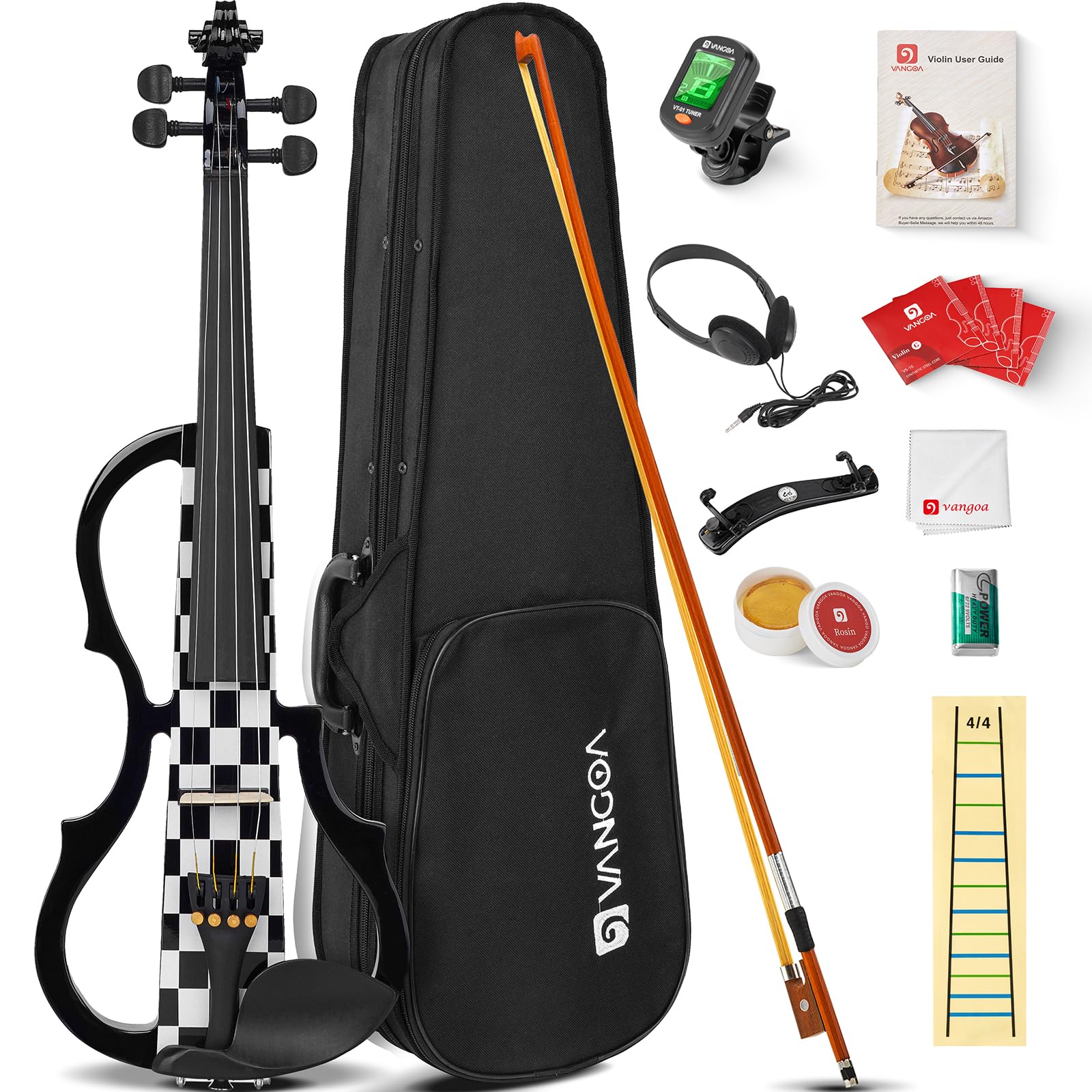 Vangoa Electric Violin Full Size 4/4, Black Silent Electric Violin, Solid Wood Metallic Electric Fiddle with Ebony Fittings, Beginner Kit for Adults Teens