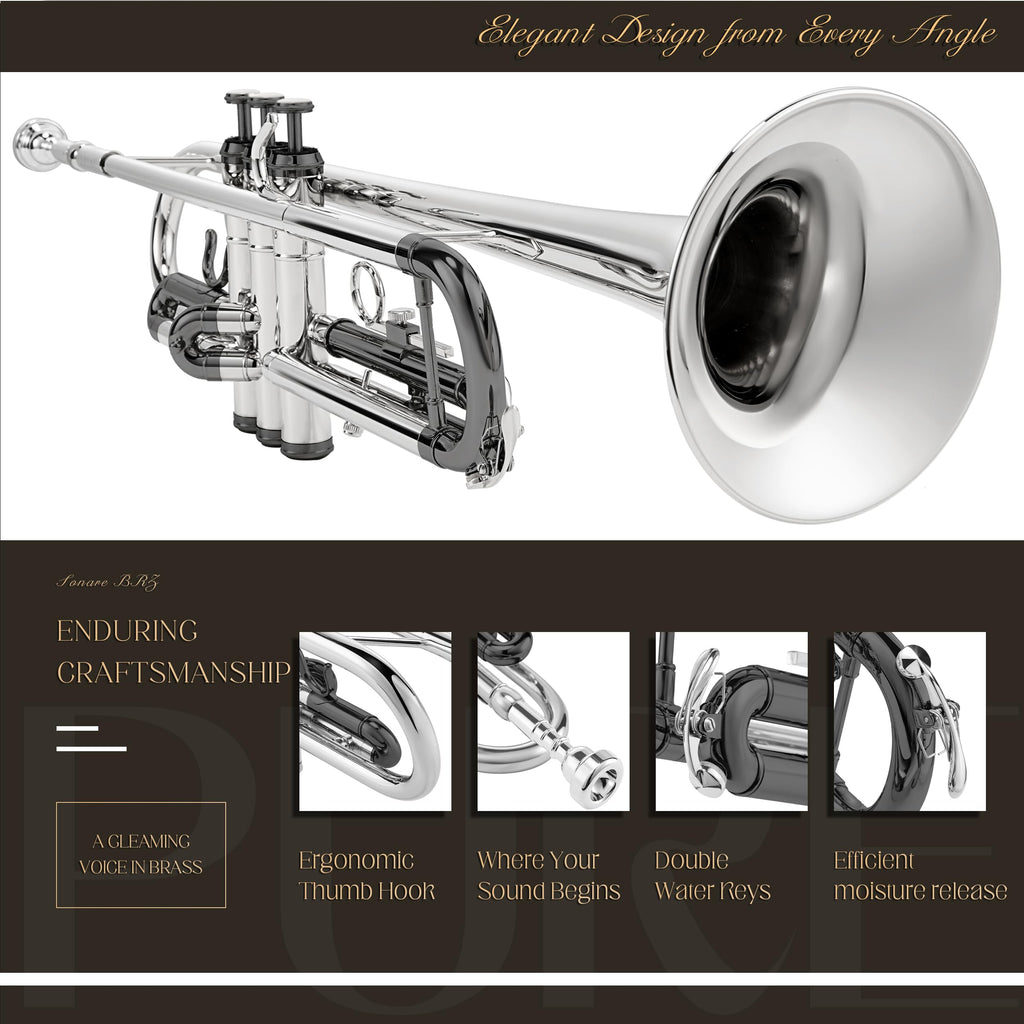 AKLOT Hand-Hammered Bell Bb Trumpet: Smooth Valve Action, Clear-Lacquered Brass Body, Standard Trumpet Beginner Set with Leather Case, Lesson Book, Trumpet Mute, Mouthpiece, Cleaning Kit (SNR-BrzED)