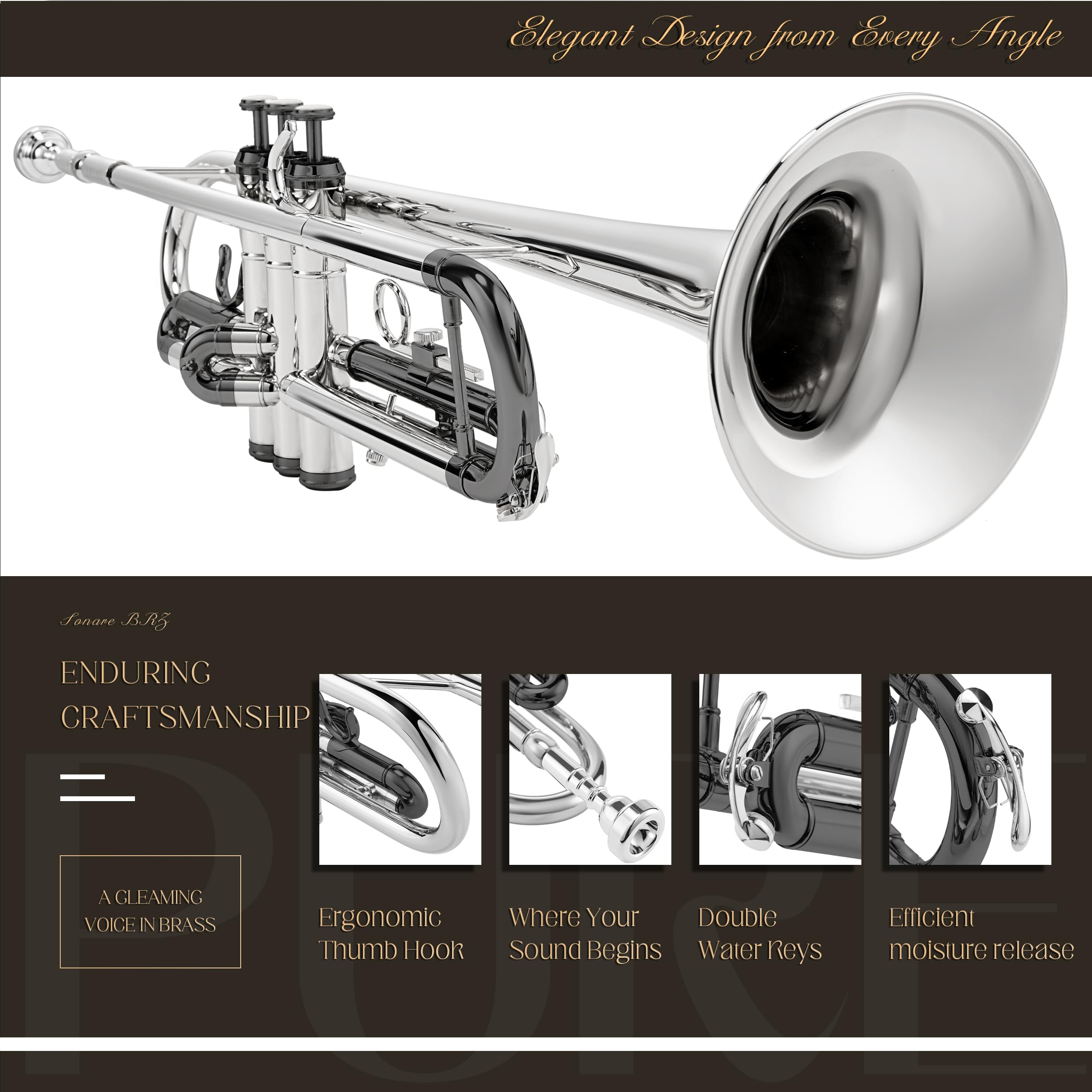AKLOT Hand-Hammered Bell Bb Trumpet: Smooth Valve Action, Clear-Lacquered Brass Body, Standard Trumpet Beginner Set with Leather Case, Lesson Book, Trumpet Mute, Mouthpiece, Cleaning Kit (SNR-BrzED)