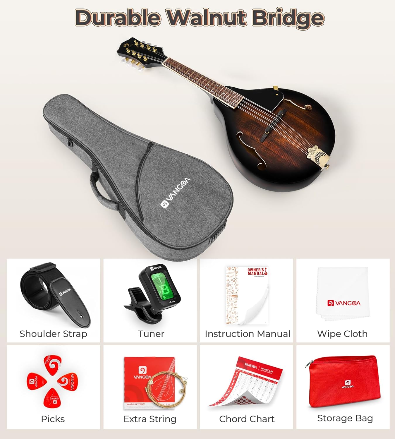 Vangoa Mandolin Instrument A Style, Acoustic Mandolin Musical Instrument Solid Spruce Top 8 String for Beginners, Adults, Teens, Dark Brown