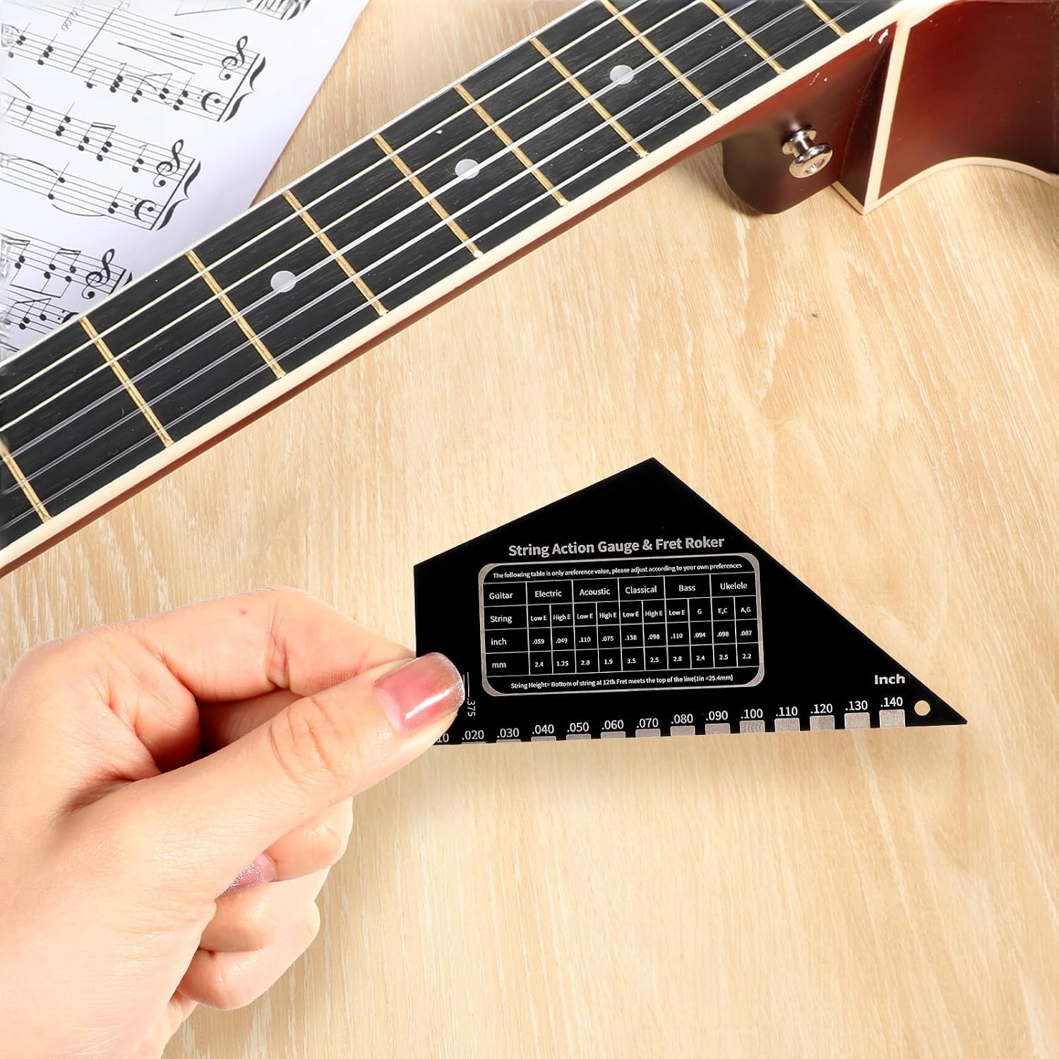 Guitar String Action Gauge Ruler Fret Rocker Tool Ruler Guitar Fret Rocker Gauges String Height Strings Buzzing Frets Catcher Rockers Luthier Tool with Metric and Conversion Charts (1mm)