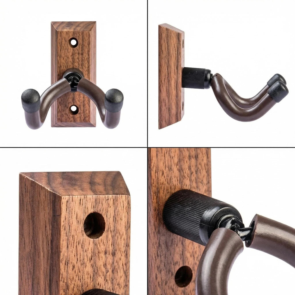 Guitar Wall Mount Hanger Brown Walnut 4 Pack, Guitar Wall Hangers Hooks Holder Stand Display with Screws - Easy to Install - Fits Guitars, Bass, Mandolin, Banjo