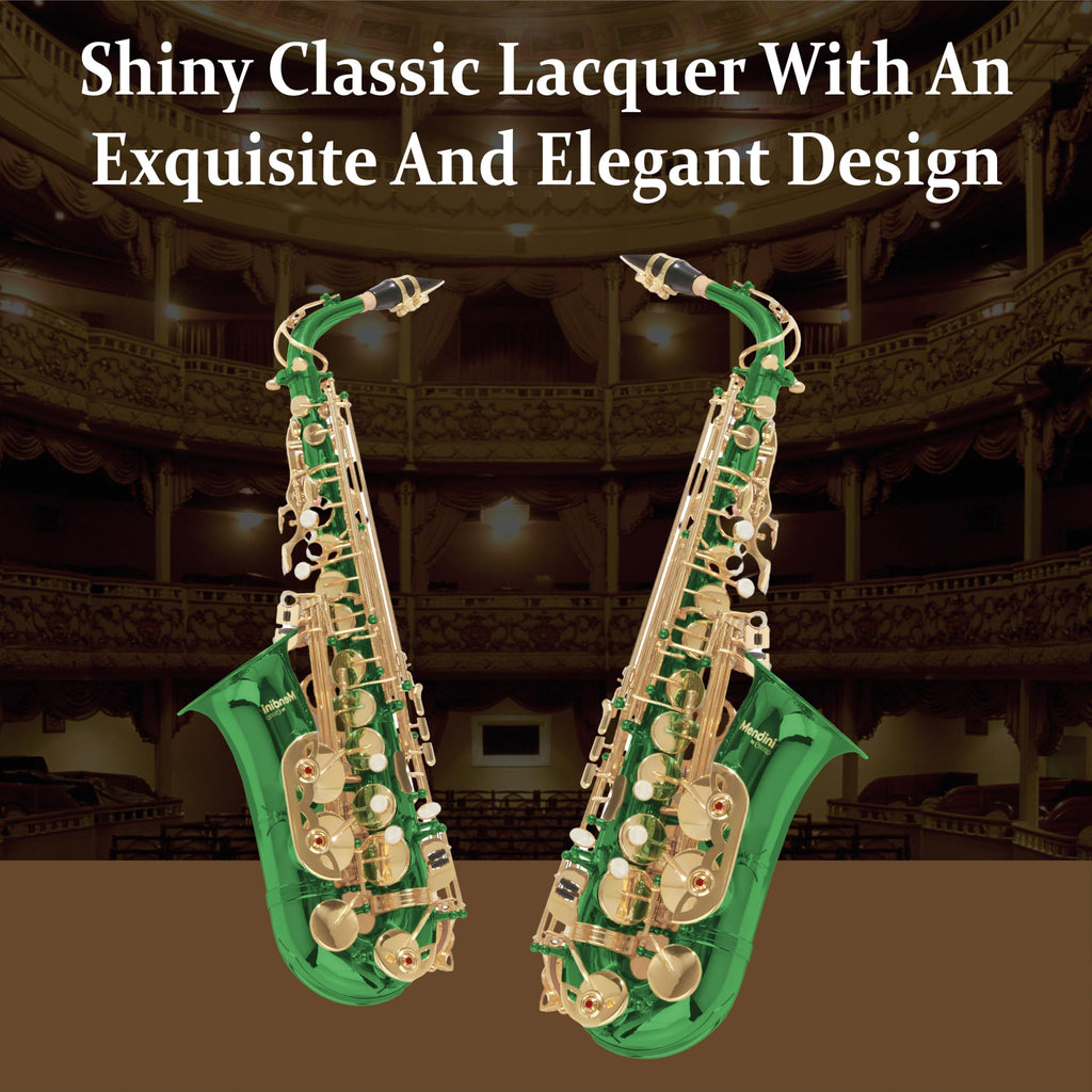 Mendini By Cecilio Alto Saxophone for Beginners, E Flat Alto Saxophone for Musicians with Tuner, Mouthpiece, Case, 10 Reeds, Grease, Cleaning Cloth & Rod, Gloves, Strap, Lesson Book (Green)