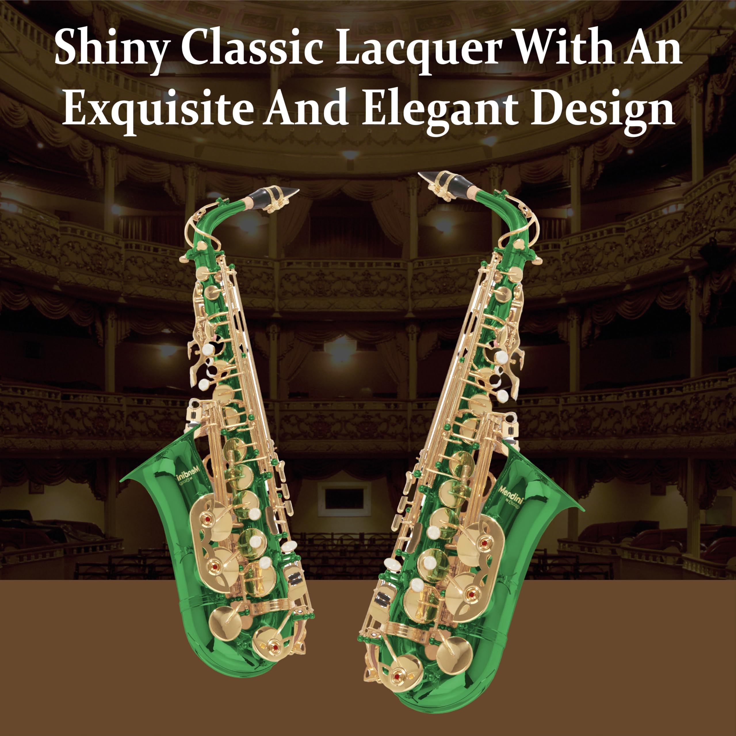 Mendini By Cecilio Alto Saxophone for Beginners, E Flat Alto Saxophone for Musicians with Tuner, Mouthpiece, Case, 10 Reeds, Grease, Cleaning Cloth & Rod, Gloves, Strap, Lesson Book (Green)