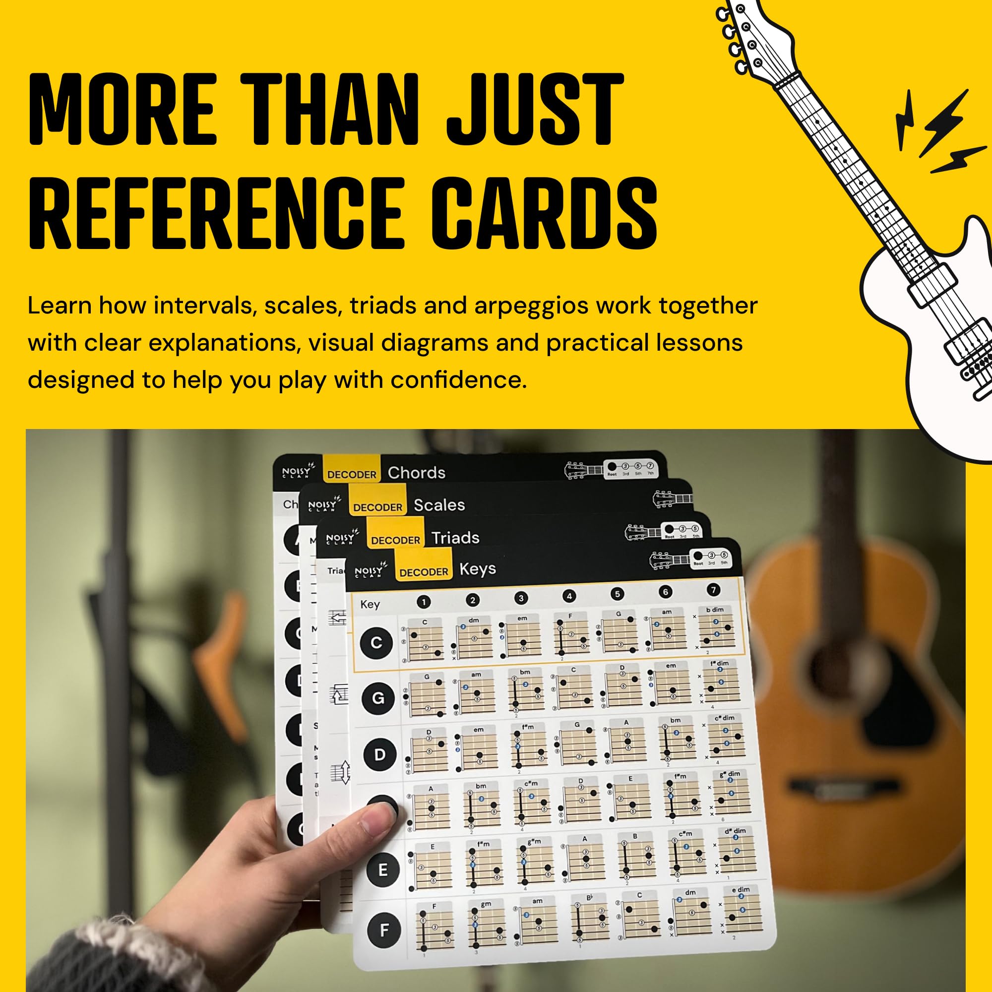 Guitar Theory Cheat Sheets 8x8": Guitar Chord, Scale & Triad Charts | Circle of fifths, anti-scratch matte lamination, reference cards, beginners, easy-read layout, practice, lessons, songwriting