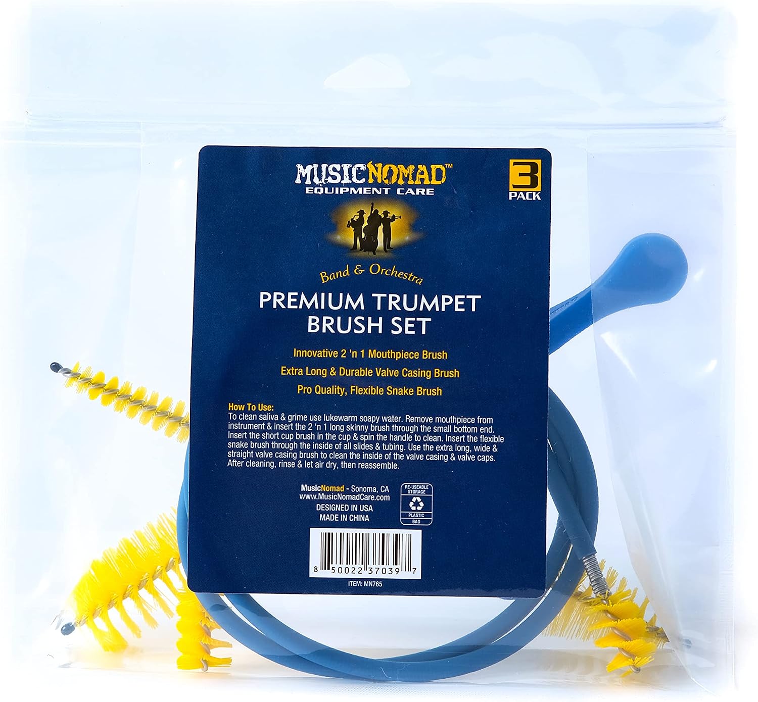 MusicNomad Premium 3 pc. Trumpet Brush Cleaning Kit: Mouthpiece, Valve & Snake Brush with Storage Bag (MN765)