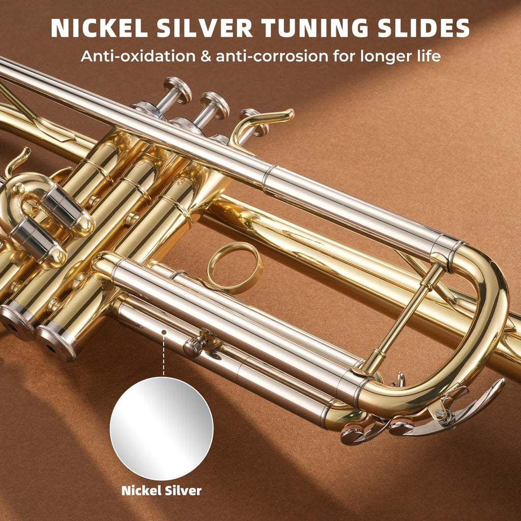 JAMELO Bb Standard Trumpet Set, Brass Trumpet Instrument for Student/Beginner with Carrying Case, 7C Mouthpiece, Cleaning Cloth and Gloves (TP-100, Gold)