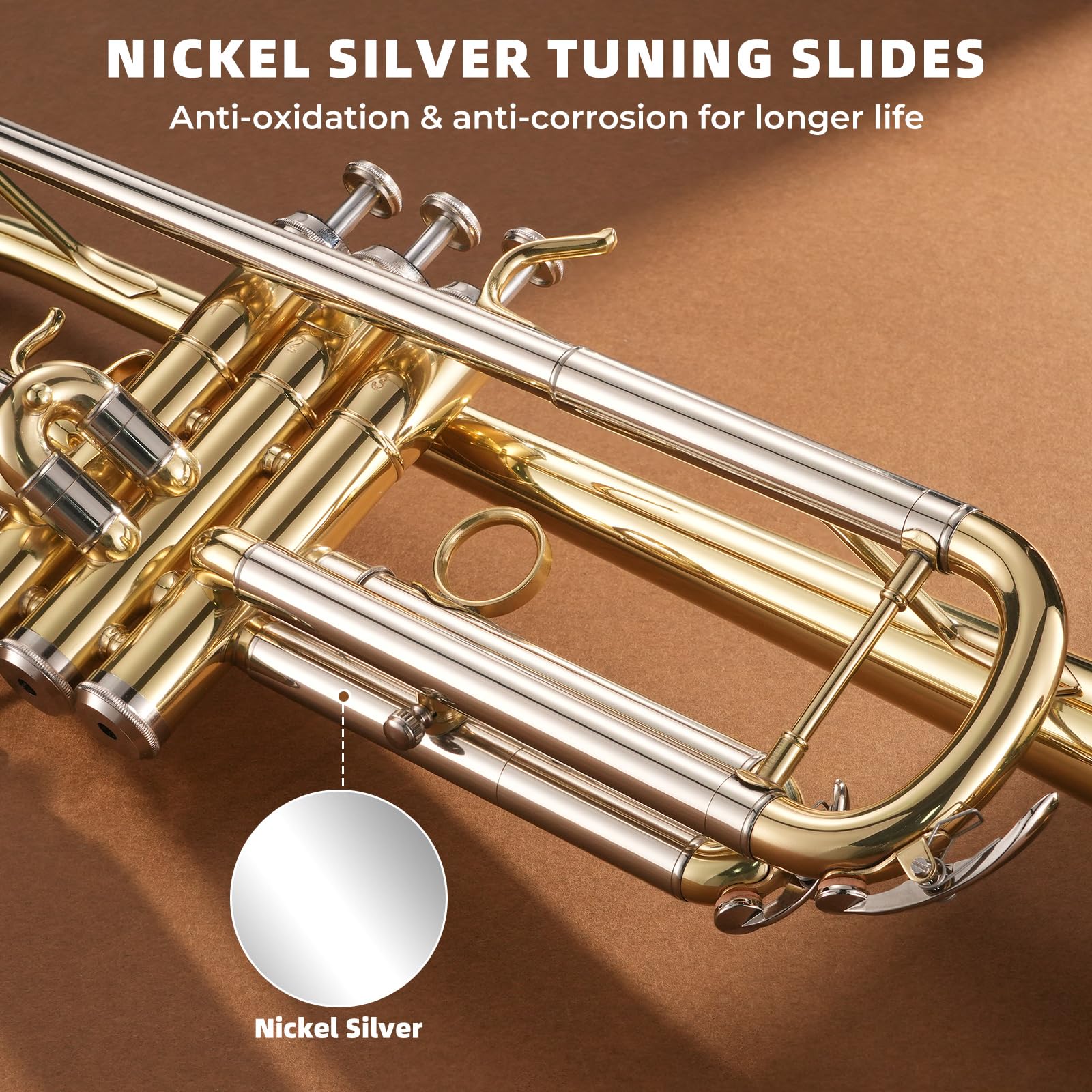 JAMELO Bb Standard Trumpet Set, Brass Trumpet Instrument for Student/Beginner with Carrying Case, 7C Mouthpiece, Cleaning Cloth and Gloves (TP-100, Gold)