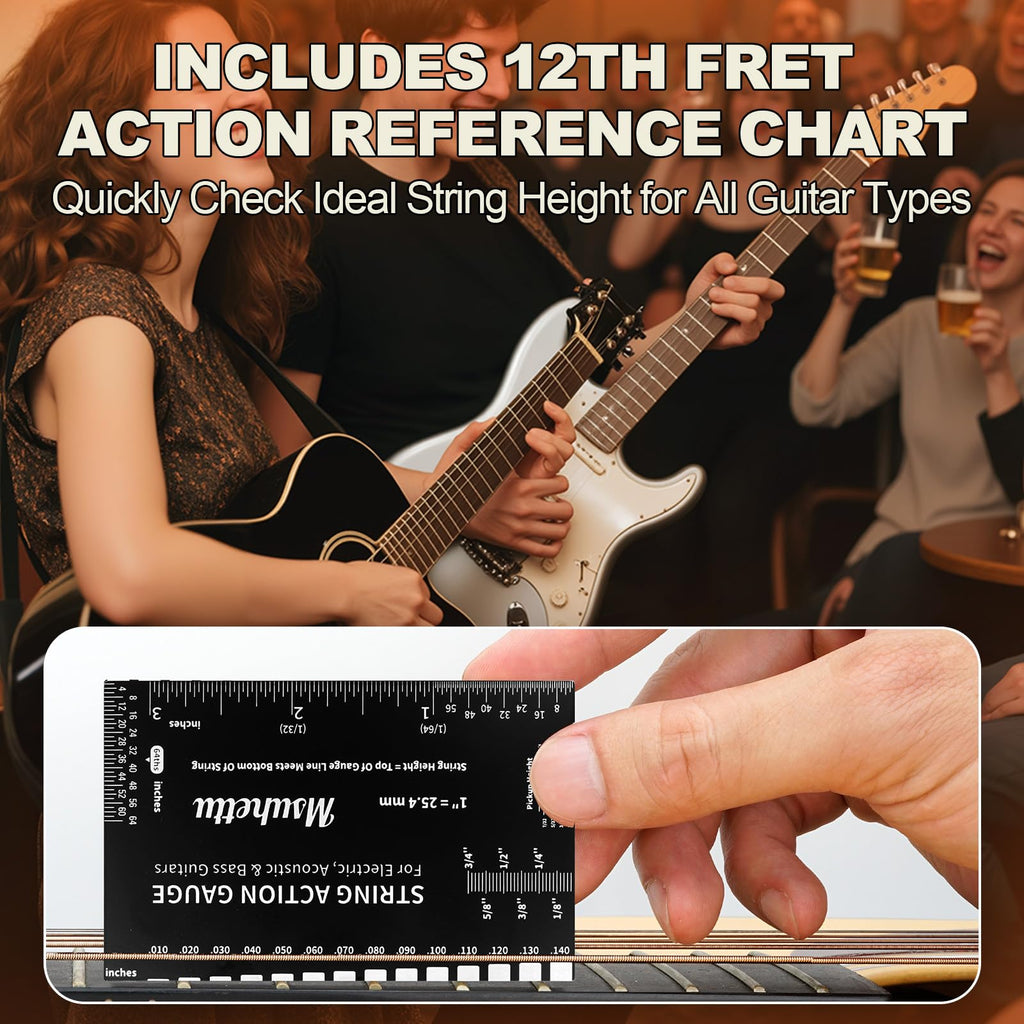String Action Gauge Ruler, Upgraded Guitar String Height Gauge with Inch & Metric Scales, Guitar String Setup Tool and Accessory for Electric, Acoustic, Bass, and Luthier Use - Etched Black Edition