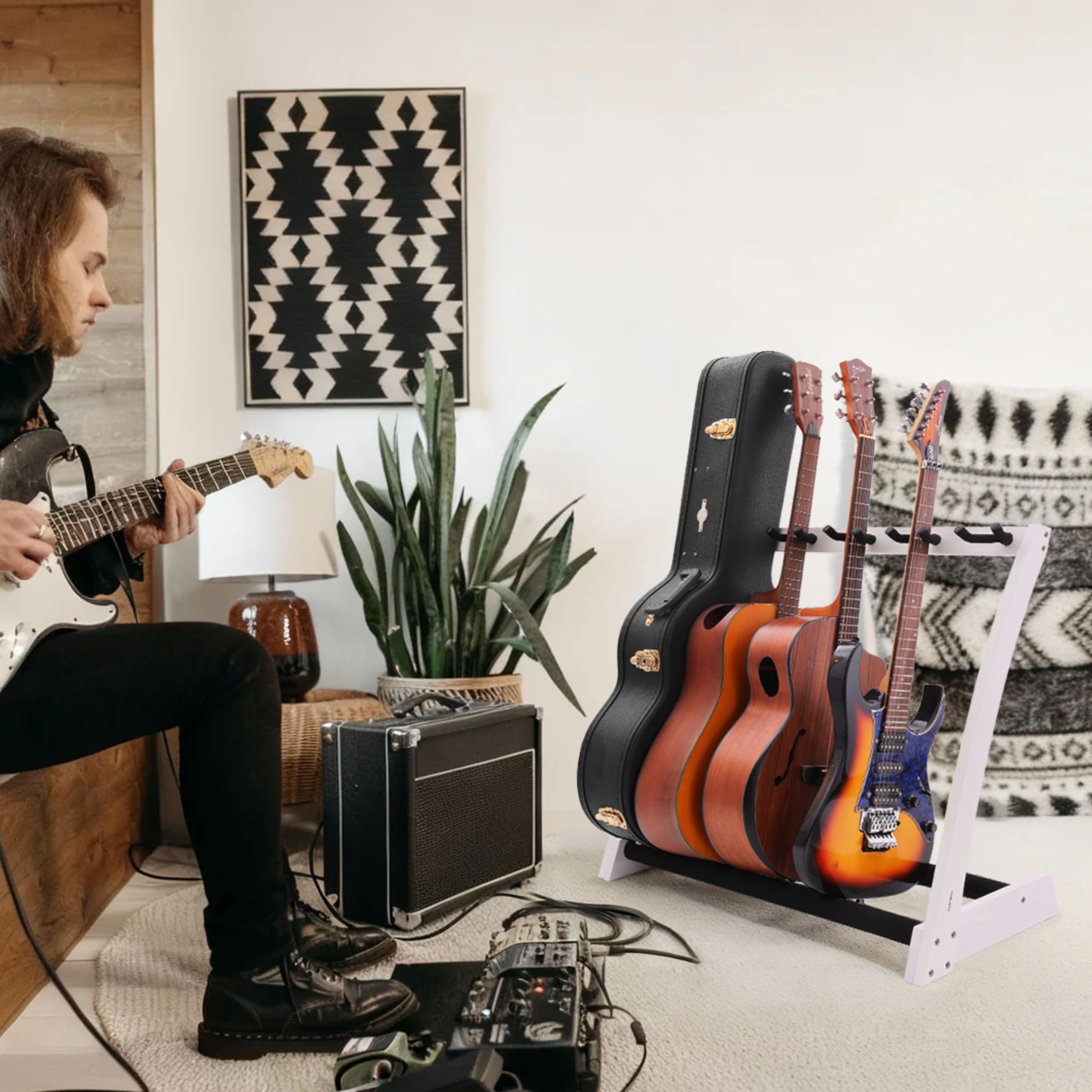 Nefelibata Guitar Stands 5 Wooden Guitar Rack Floor for Guitars and Cases, Electric, Acoustic, Bass Guitars, Cellos, German Ash