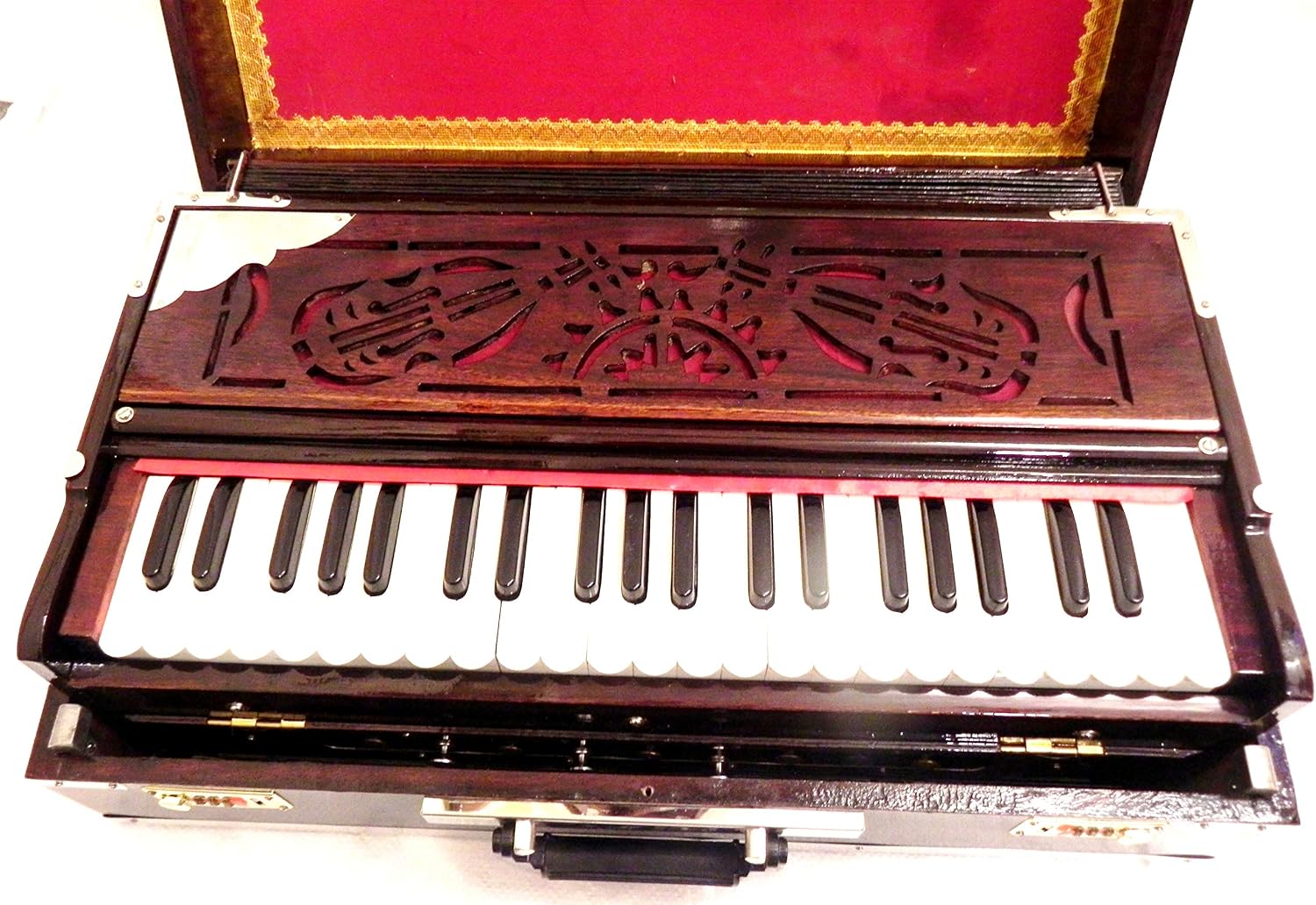 Brass Indian Handmade Deluxe Portable Harmonium, Dark Mahogany, 2 Reeds, 3.5 Octaves