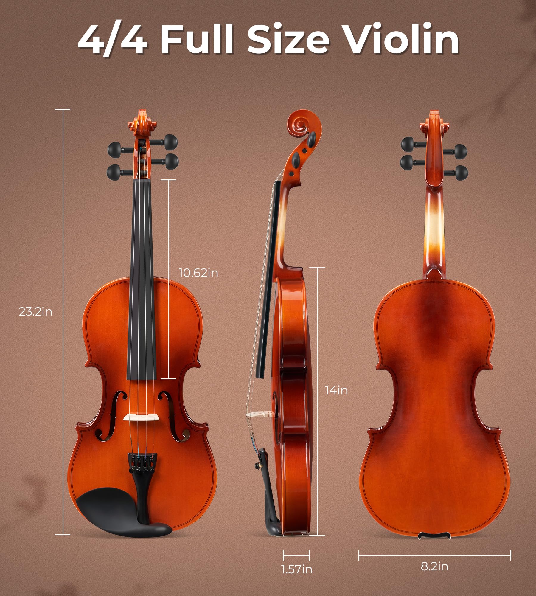 Vangoa 4/4 Solid Wood Acoustic Violin Full Size Fiddle Set for Beginner Adult Student Teen Kids with Violin Case, Bow, Rosin, Shoulder Rest, Tuner, Strings, Natural
