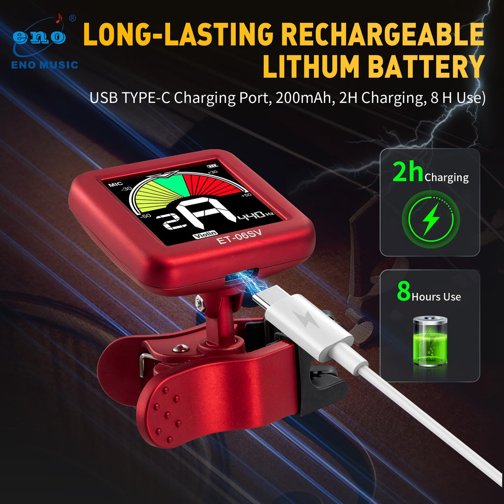 ENO MUSIC Rechargeable Type-C Quick Charge Easy Control Big LCD Display Easy Reading Clip-on Tuner for 4/4 Violin Viola Bass, Red