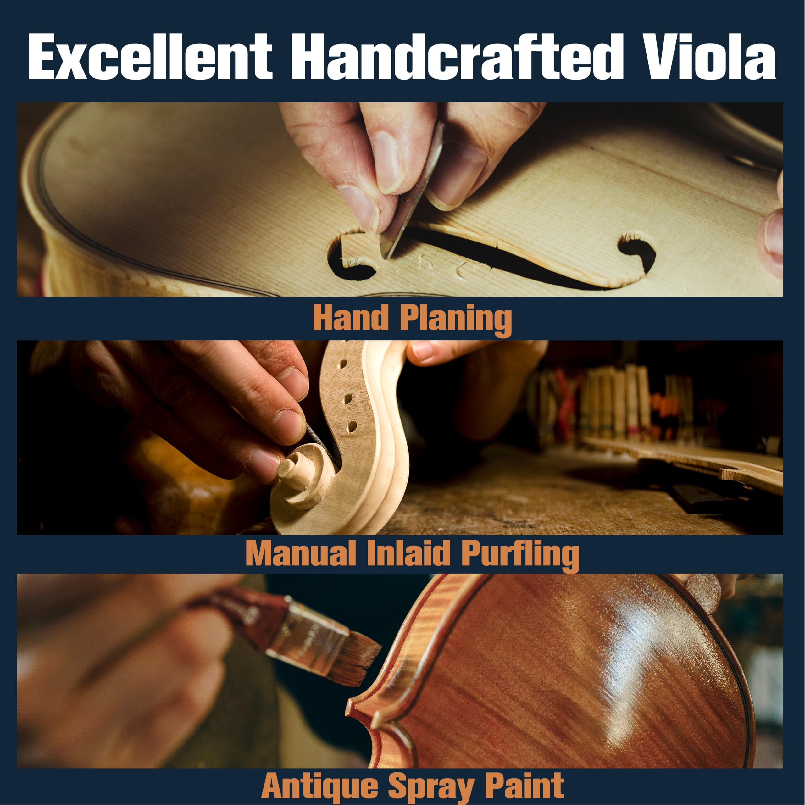 Mendini by Cecilio 14 Inch Solid Wood Viola Set for Beginners - Hand Carved Acoustic Viola Kit with Hard Case, Bow, Rosin, Bridge and Extra Strings