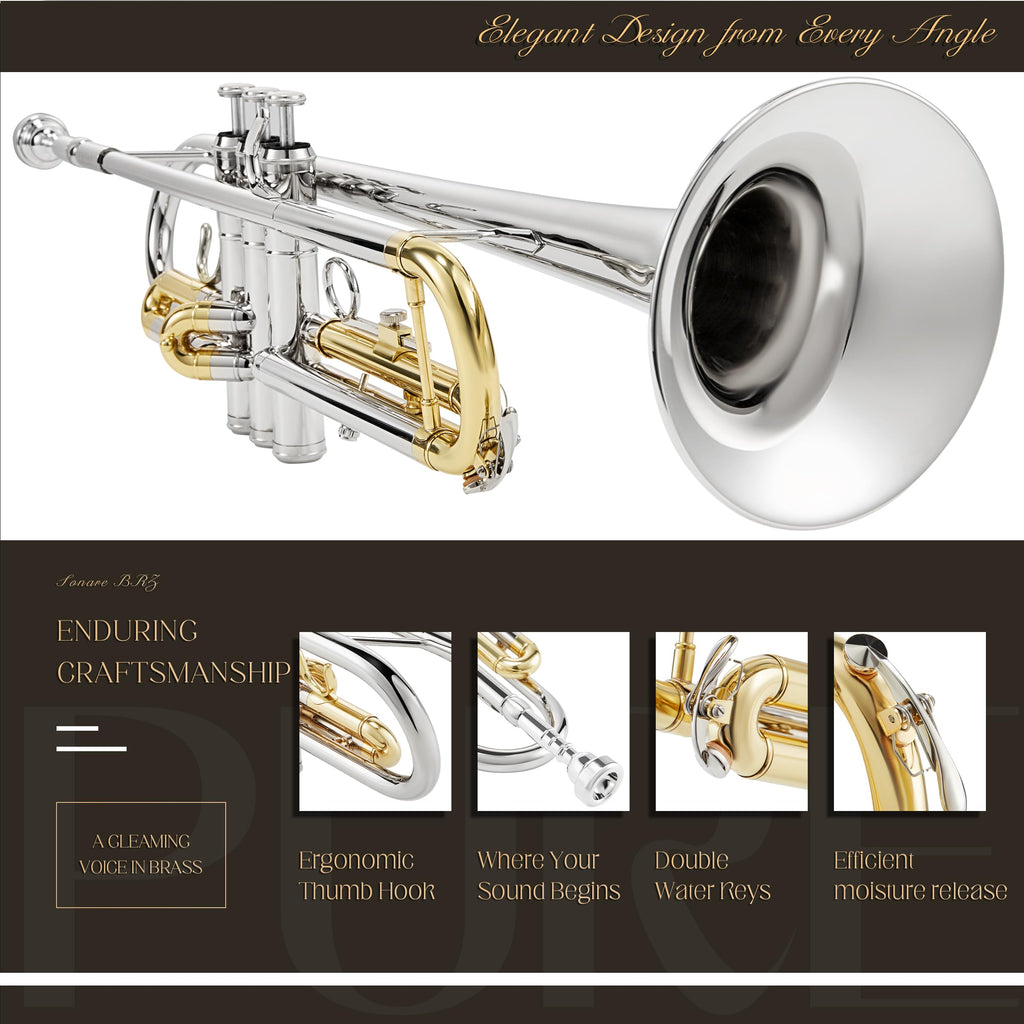 AKLOT Hand-Hammered Bell Bb Trumpet: Smooth Valve Action, Clear-Lacquered Brass Body, Standard Trumpet Beginner Set with Leather Case, Lesson Book, Trumpet Mute, Mouthpiece, Cleaning Kit (SNR-BrzSF)