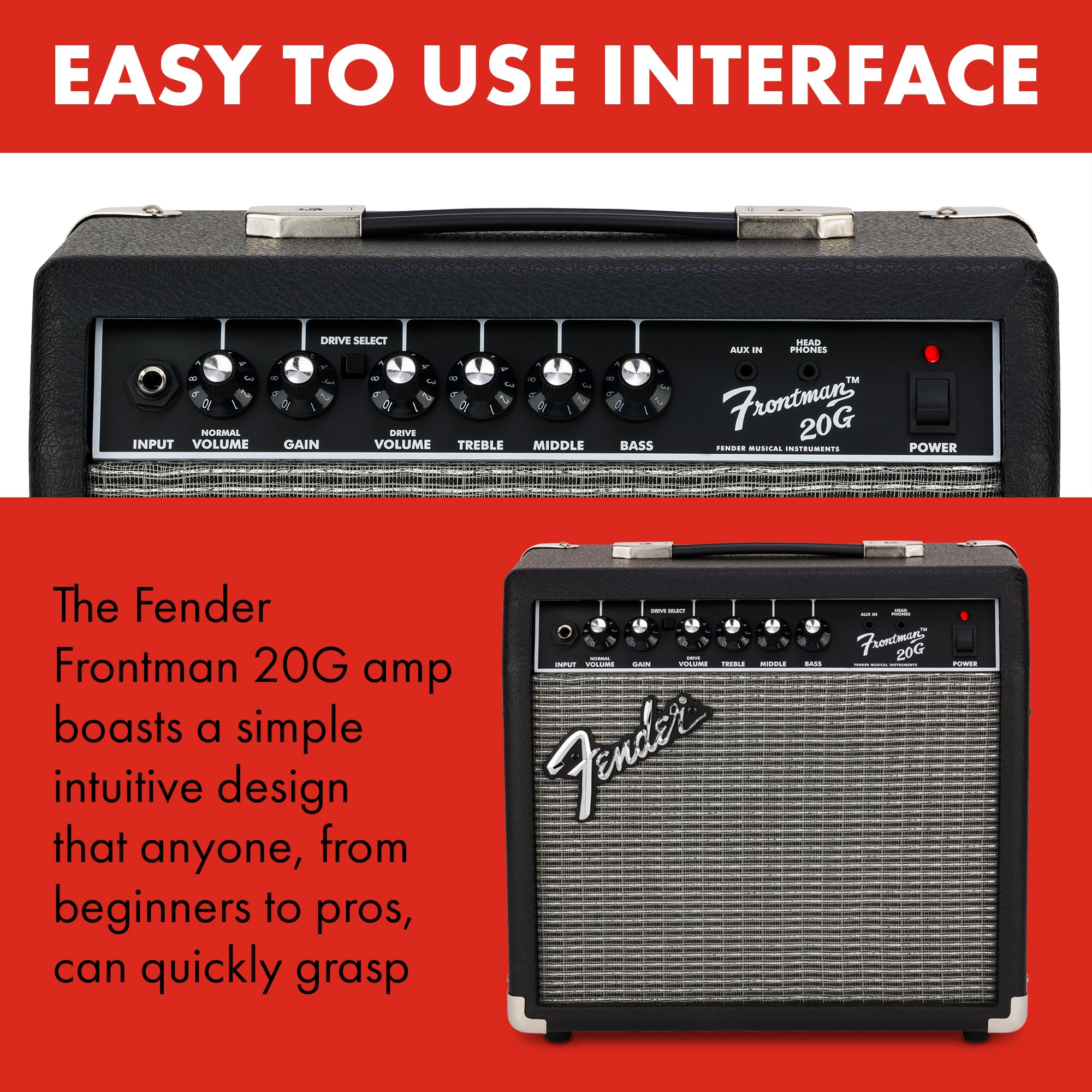 Fender Frontman 10G Electric Guitar Amplifier, 10-Watt Practice Amp with 6" Speaker, Built-in Overdrive, Headphone Jack & Aux Input, Black/Silver, with 2-Year Warranty