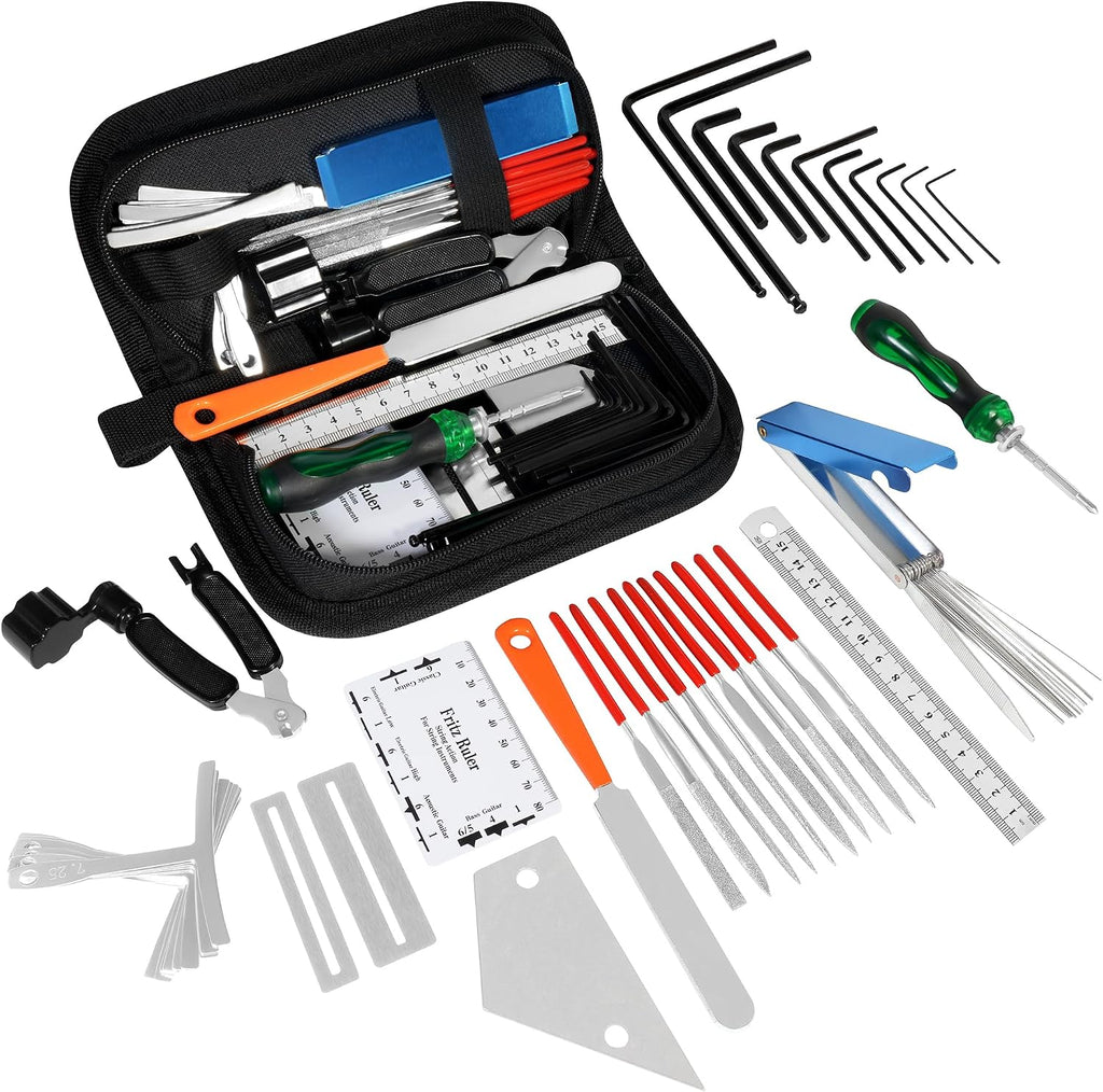 Guitar Setup Tool Kit with Carry Bag for Bass Ukulele Banjo | Guitar Repairing Maintenance Set Up Kit with Measuring Ruler Gauges Files Wrenches for Luthiers Beginners Music Enthusiasts