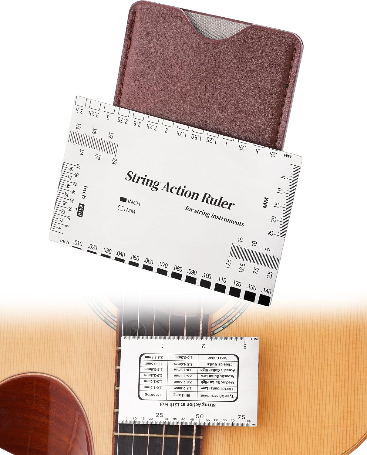 Guitar String Action Gauge Ruler, Professional Setup Tool with Dual mm & 1/64" Scales - for Electric, Acoustic, Bass Guitars - Includes Measurement Chart & Protective Sleeve - Print Silver Edition