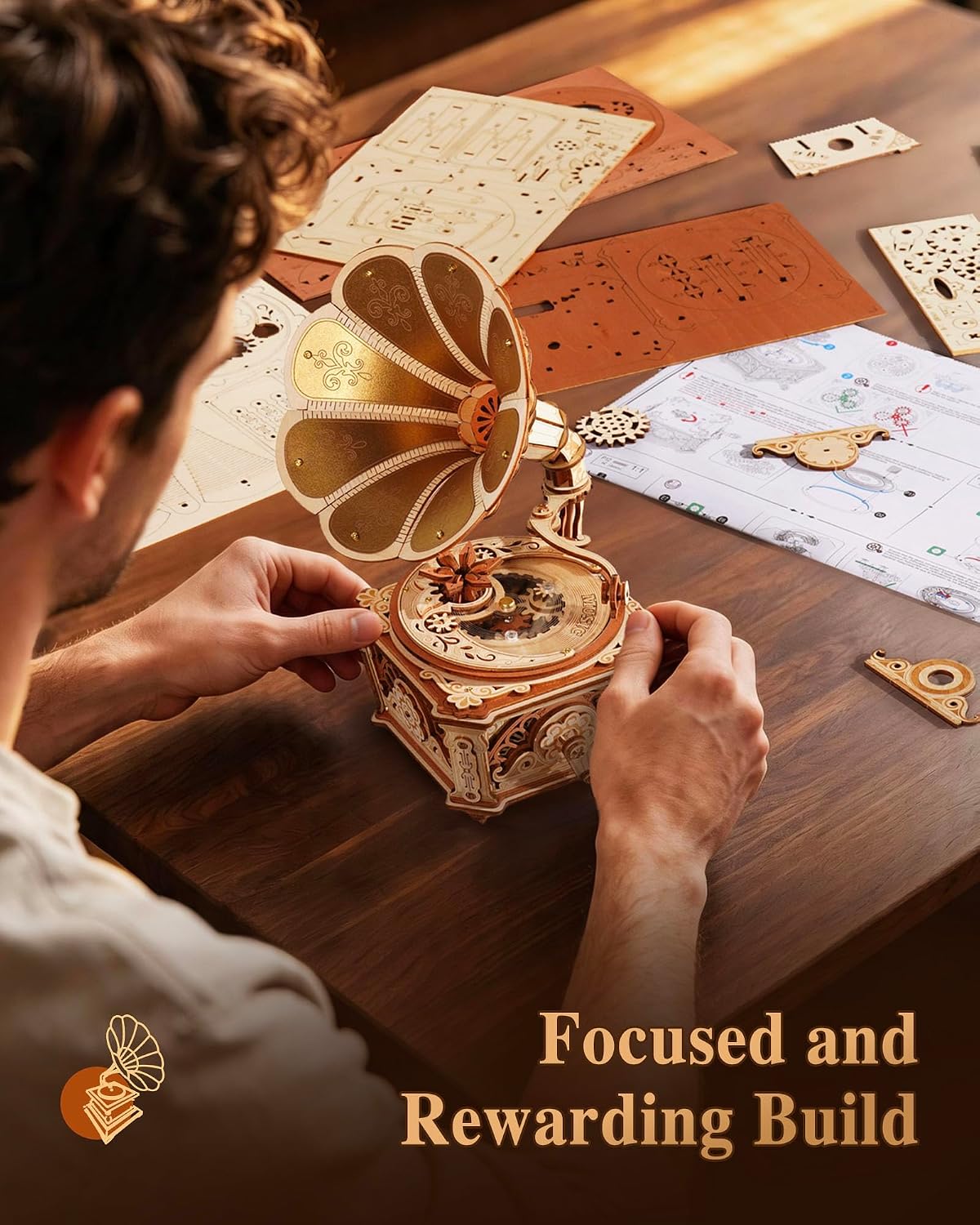 ROKR 3D Wooden Puzzles for Adults, Diva Phonograph Music Box Mechanical Model Kit to Build, Wooden Phonograph Puzzle Vintage Home Decor, DIY Crafts Gifts for Birthday