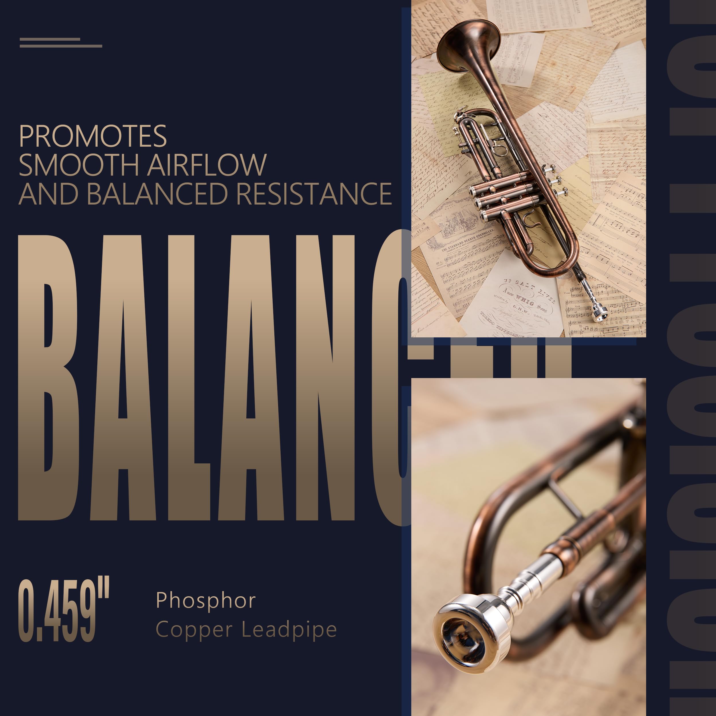 AKLOT Hand-Hammered Bell Bb Trumpet: Smooth Valve Action, Clear-Lacquered Brass Body, Standard Trumpet Beginner Set with Leather Case, Lesson Book, Trumpet Mute, Mouthpiece, Cleaning Kit (SNR-BrzSF)