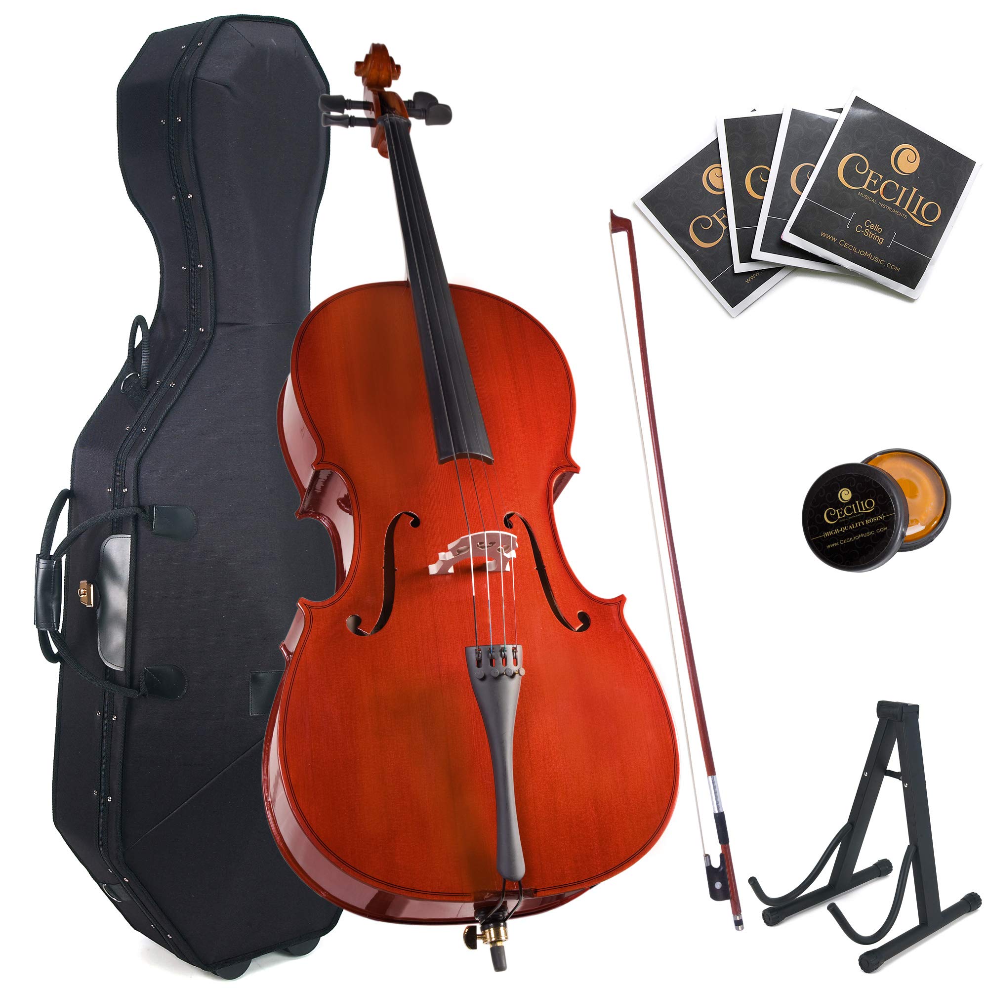 Cecilio 4/4 Full Size Cello with Hard & Soft Case, Stand, Bow, Rosin, Bridge and Extra Set of Strings, CCO-100