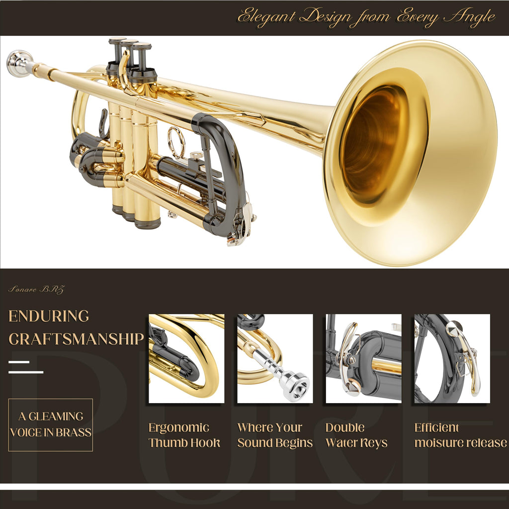 AKLOT Hand-Hammered Bell Bb Trumpet: Smooth Valve Action, Clear-Lacquered Brass Body, Standard Trumpet Beginner Set with Leather Case, Lesson Book, Trumpet Mute, Mouthpiece, Cleaning Kit (SNR-BrzSF)