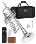 Leo Jaymz Bb Trumpet for Beginners, Brass Student Trumpet Kit with Case, 7C Mouthpiece, Cleaning Kit, Standard B Flat Instrument,Nickel