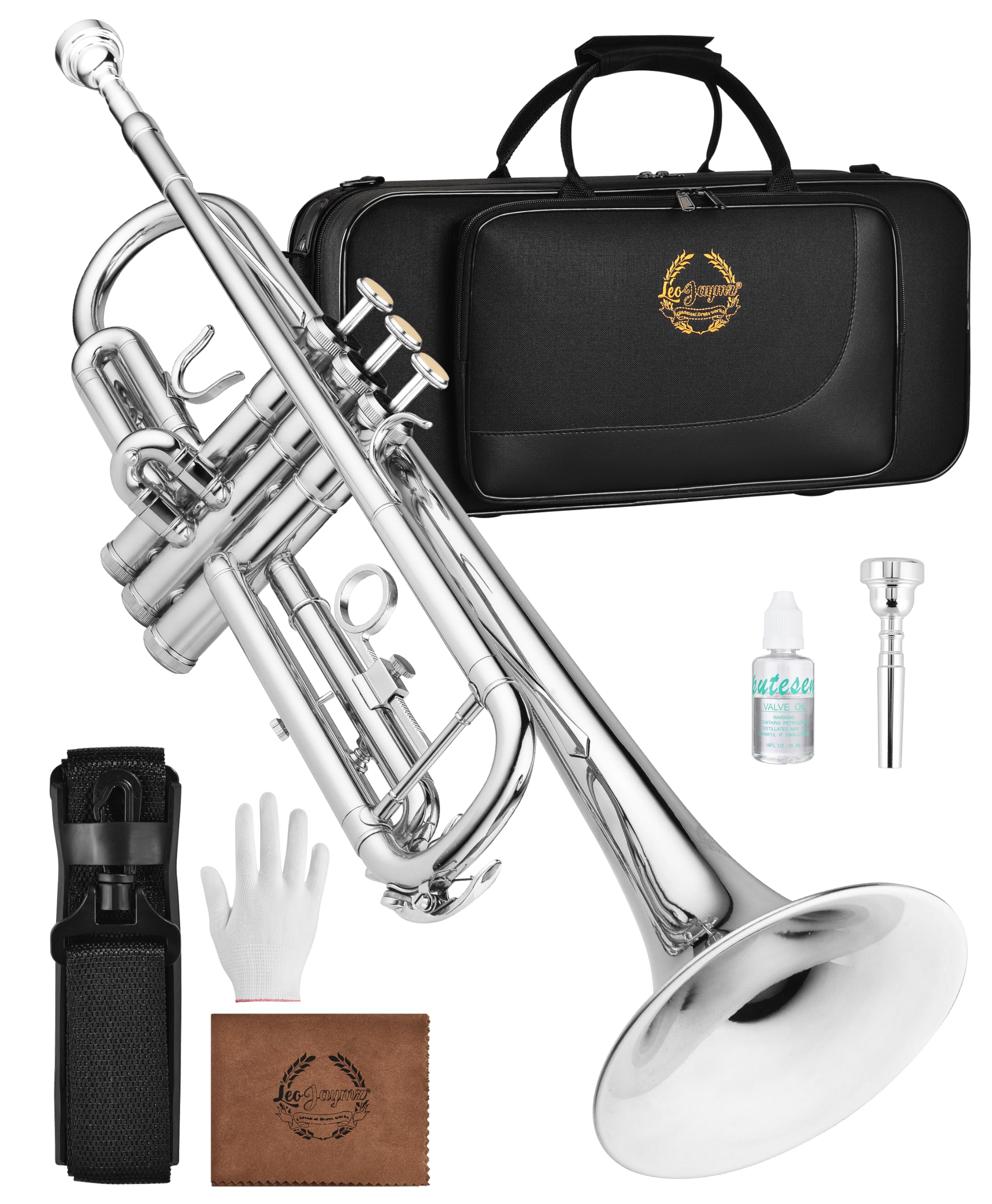 Leo Jaymz Bb Trumpet for Beginners, Brass Student Trumpet Kit with Case, 7C Mouthpiece, Cleaning Kit, Standard B Flat Instrument,Nickel