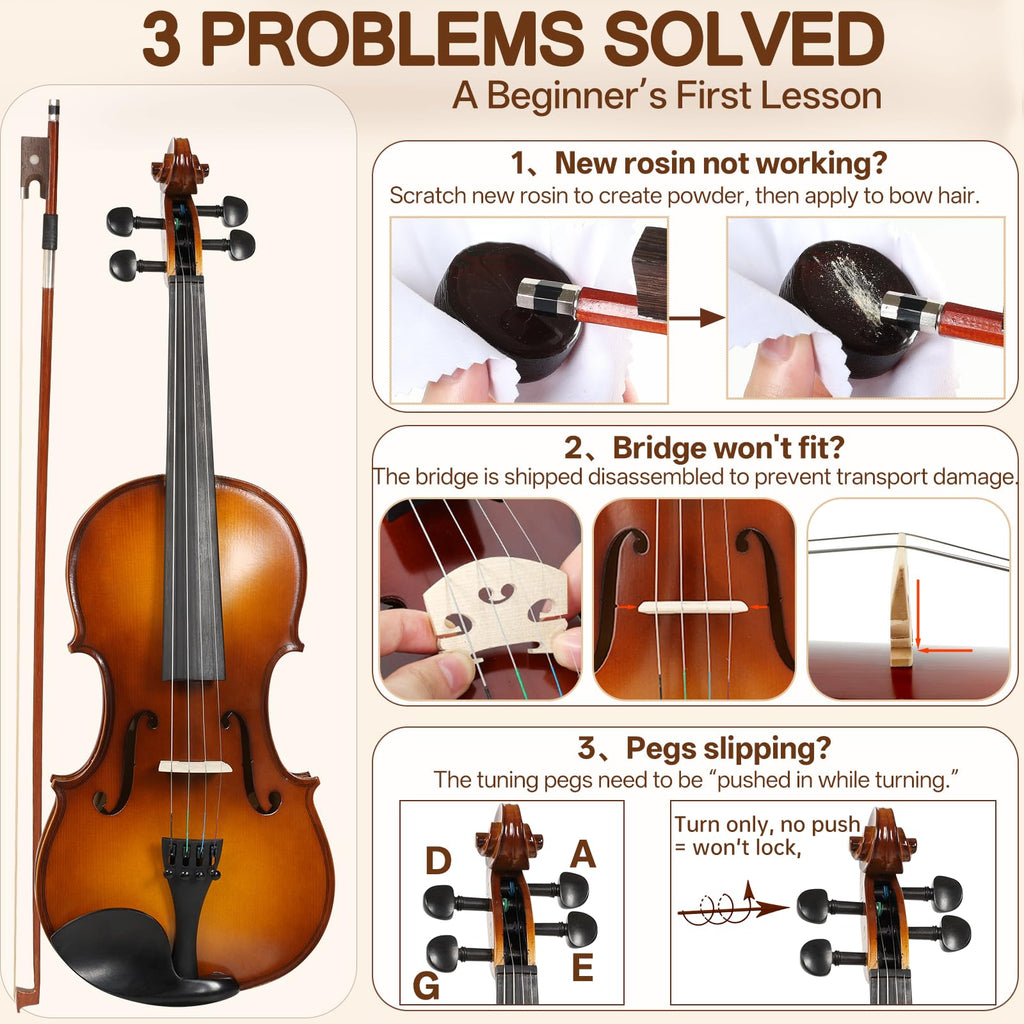 Kmise Teacher Approved 4/4 Full Size Violin Starter Kit for Adults Beginners Students, High Density Ebony Acoustic Violins, Fiddle Bundle with Case, Bow, Rosin, Strings, Shoulder Rest & Guide