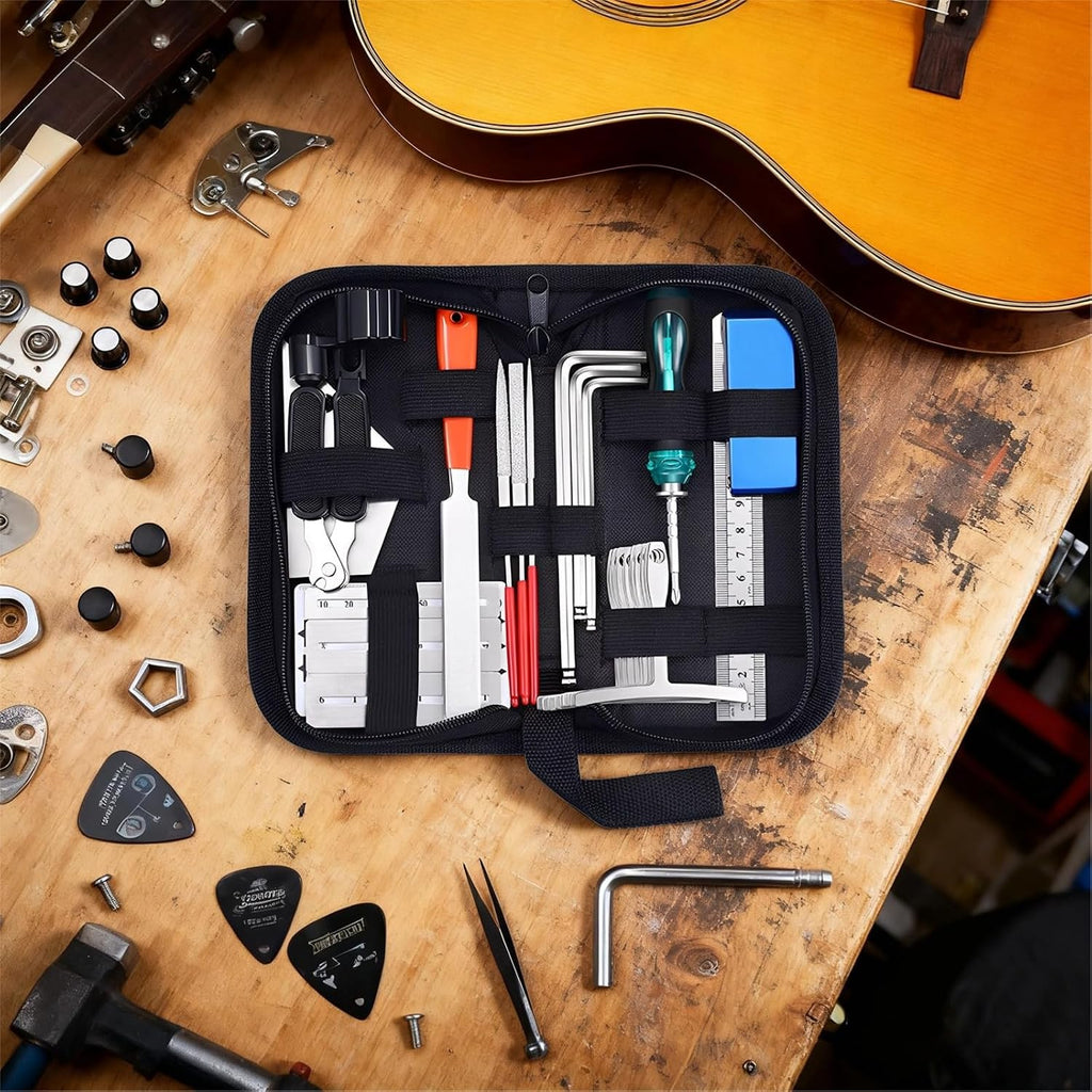 Guitar Repair Tools Set Of 26 Pcs, Maintenance Kit With Nut Files, String Action Gauge, Leveling Ruler