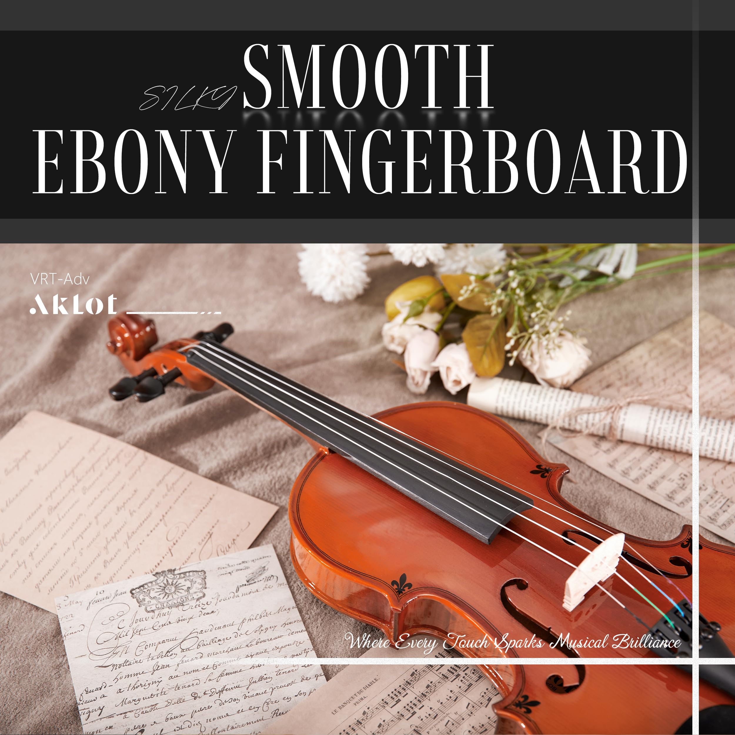 AKLOT Handcrafted Full Size Violin: Solid Wood Matte Fiddle, Acoustic Beginner 4/4 Violin Kit with Hard Case, Lesson Book, Bow, Shoulder Rest, Extra Strings, Tuner, Fretboard Stickers (VRT-AmiCS)