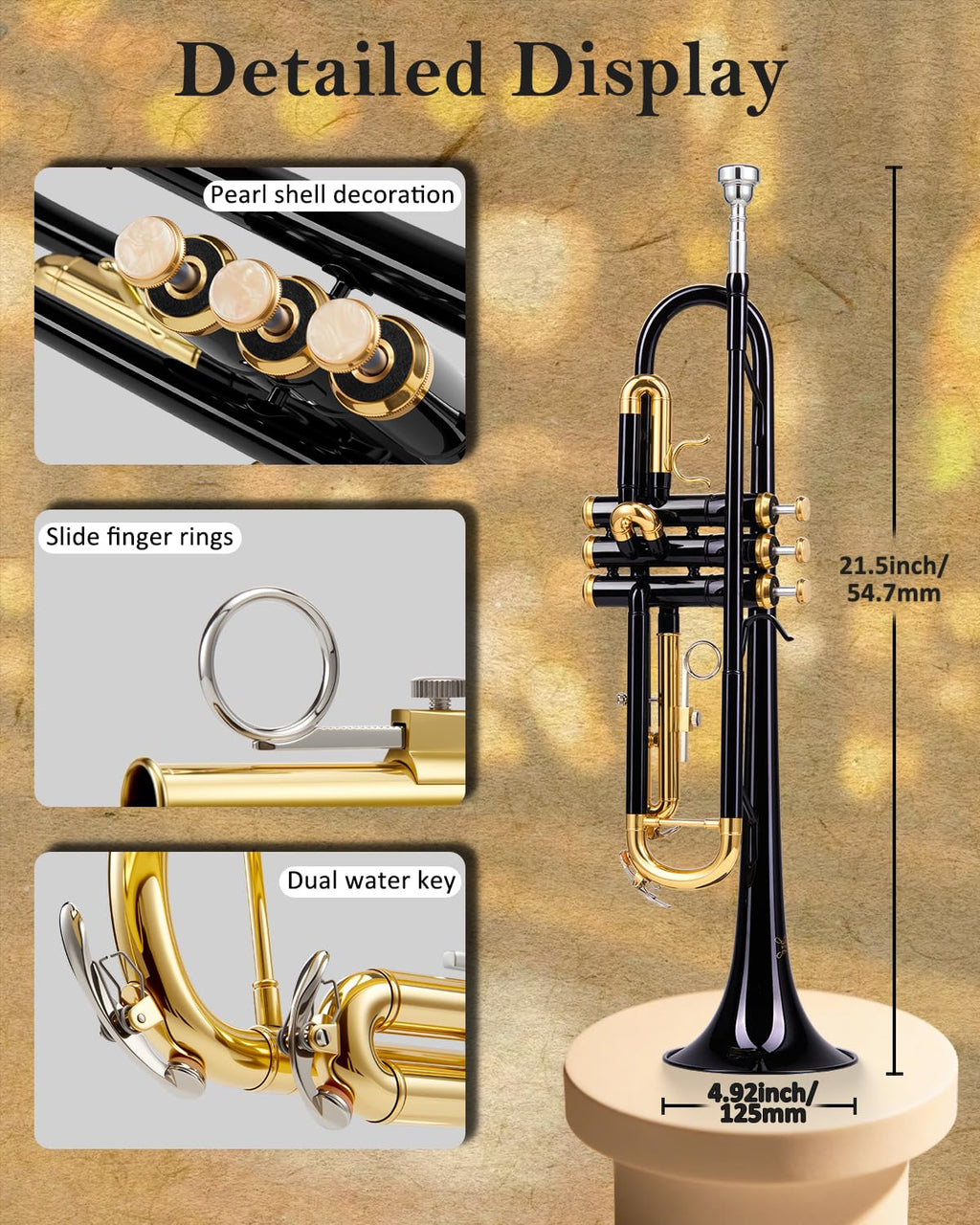 STRICH Bb Standard Trumpet Set for Beginners, Brass Student Trumpet Instrument with Hard Case, Cleaning Kit, 7C & 3C Mouthpieces, Gloves - STR-1G, Gold