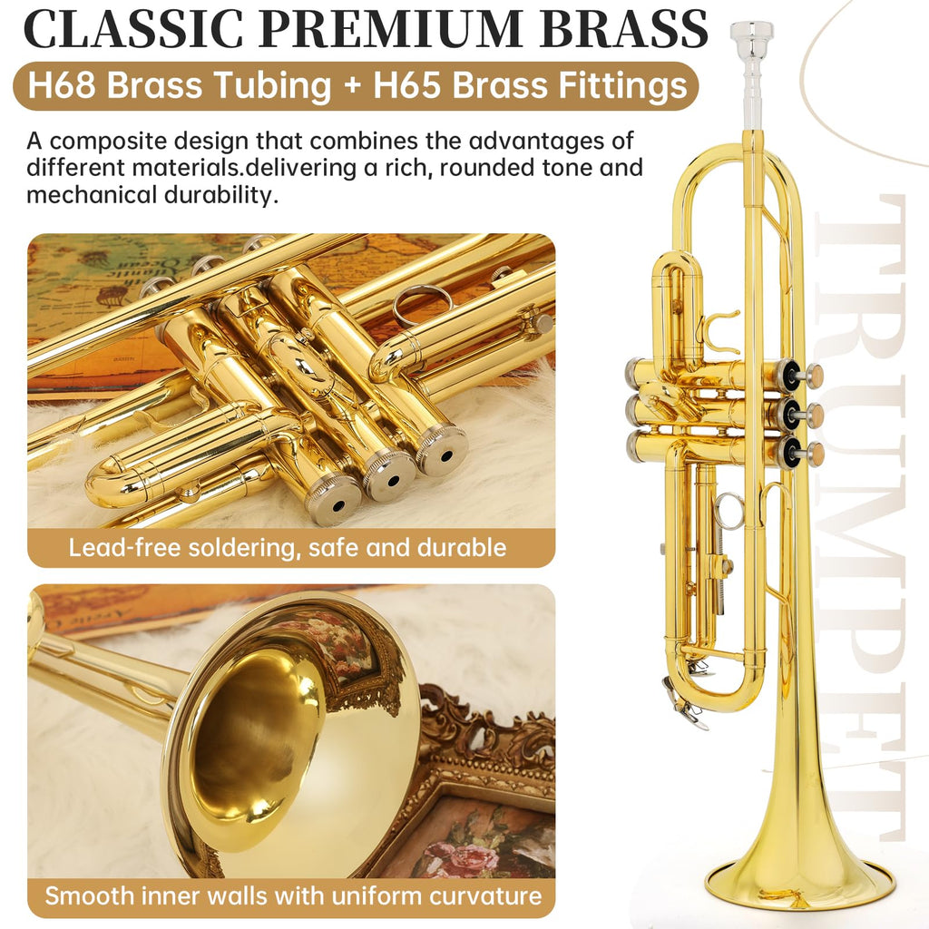 Kmise Bb Standard Trumpet, Premium Brass Trumpets for Student Beginner, Trumpet Instrument Set with Upgraded Case, 7C Mouthpiece, Mute, Beginner's Guide Kit, Cleaning Kit (Gold)
