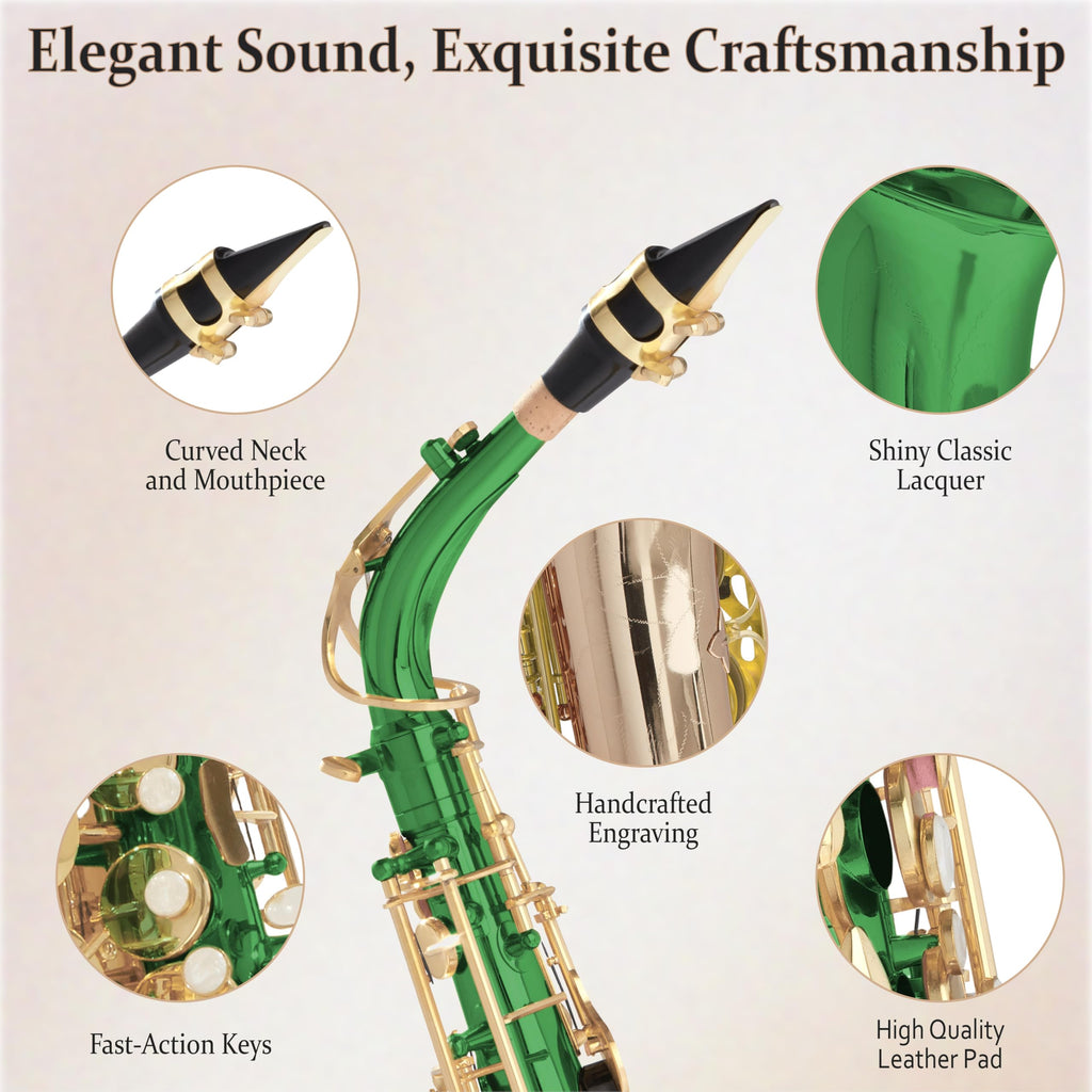 Mendini By Cecilio Alto Saxophone for Beginners, E Flat Alto Saxophone for Musicians with Tuner, Mouthpiece, Case, 10 Reeds, Grease, Cleaning Cloth & Rod, Gloves, Strap, Lesson Book (Green)
